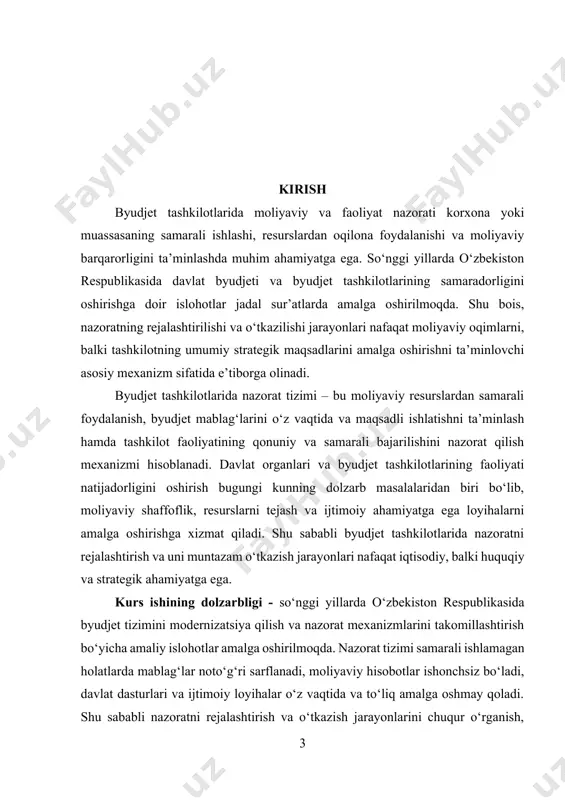 aqsadga erishish uchun quyidagi vazifalar belgilangan: 1. byudjet tashkilotlarida nazorat tushunchasi, asosiy tamoyillari va turlarini o‘rganish; 2. nazoratni rejalashtirish va uni amaliyotda amalga oshirish usullarini tahlil qilish; 3. nazorat natijalarini baholash, ularning samaradorligini aniqlash va tahlil qilish; 4. byudjet tashkilotlarida nazorat tizimini takomillashtirish bo‘yicha amaliy tavsiyalar ishlab chiqish. kurs ishining tuzilishi ikki bobdan iborat. birinchi bobda nazoratning nazariy asoslari, uning turlari va samarali tashkil etish prinsiplari o‘rganiladi. ikkinchi bobda esa nazoratni rejalashtirish va o‘tkazishning amaliy jarayonlari, nazorat natijalarini tahlil qilish va takomillashtirish yo‘llari batafsil ko‘rib chiqiladi. xulosa qismida esa ish natijalari umumlashtirilib, byudjet tashkilotlarida nazoratni takomillashtirish bo‘yicha tavsiyalar beriladi. shuningdek, ish davomida xalqaro va milliy standartlar, nazariy va amaliy tadqiqotlar hamda o‘rganilgan amaliy tajribalar asosida tahliliy yondashuv qo‘llaniladi. i bob. byudjet tashkilotlarida nazoratning nazariy asoslari 1.1. byudjet tashkilotlarida nazorat tushunchasi va asosiy tamoyillari byudjet tashkilotlarida nazorat tushunchasi va uning byudjet tizimidagi roli iqtisodiy va moliyaviy boshqaruvning eng muhim tarkibiy qismi …