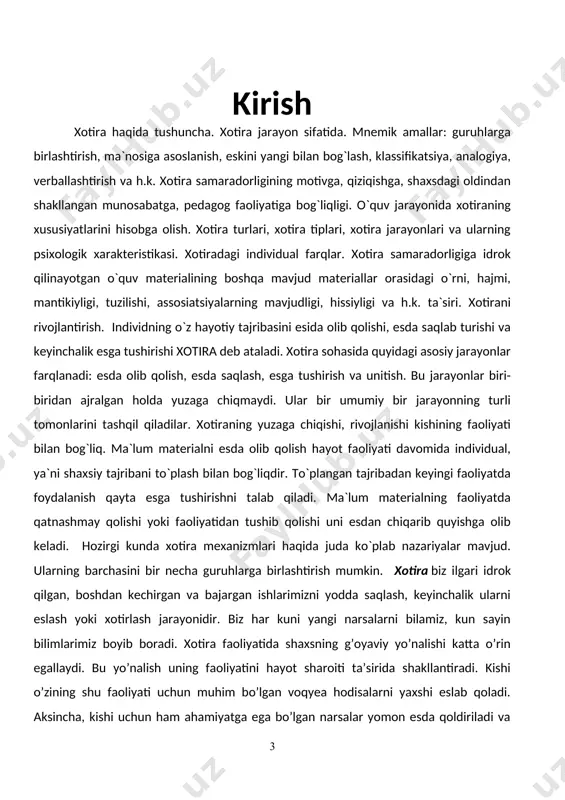 zki, kelitirilgan mazkur ta’rif xotiraning murakkab keng qamrovli jihatlarini to’la ta’kidlash imkoniyatiga ega. shaxsning yo’nalishi uning qiziqishida ifodalanadi. kishining qiziqishi xotiraga aniq va kuchli ta’sir ko’rsatadi, ya’ni yaxshi esda olib qolishni ta’minlaydi. biz ko’pincha u yoki bu narsa va hodisalarni yomon esda qoldiramiz bu xotirani yomonligini emas balki ularga qiziqish yo’qligini ko’rsatadi. masalan, o’quvchilar hamma fanlarni bir xil o’zlashtira olmaydilar. bu ularning har xil xotiraga ega ekanliklarini emas, balki o’qitilayotgan fanga qiziqishning har xilligi bilan tushuntiriladi. esda olib qolishga kishining emosional munosabati ham katta ta’sir ko’rsatadi. kishi uchun yaqqol xayajonli reaksiya vujudga keltiruvchi narsalar ongda chuqur iz qoldirib puxta va uzoq yodda saqlanadi. biz bir narsadan ta’sirlansak, o’sha uzoq vaqt esda saqlanadi. samarali xotira kishining iroda sifatlariga ham bog’liqdir. kuchsiz, irodasiz, ishyoqmas kishilar har doim yuzaki yomon xotirlaydilar. aksincha, irodali, materialni o’zlashtirishga astoydil kirishadigan kishilar puxta va chuqur eslab qoladilar. samarali xotira kishining umumiy madaniyatiga uning aqliy saviyasiga bilimiga o’quviga …