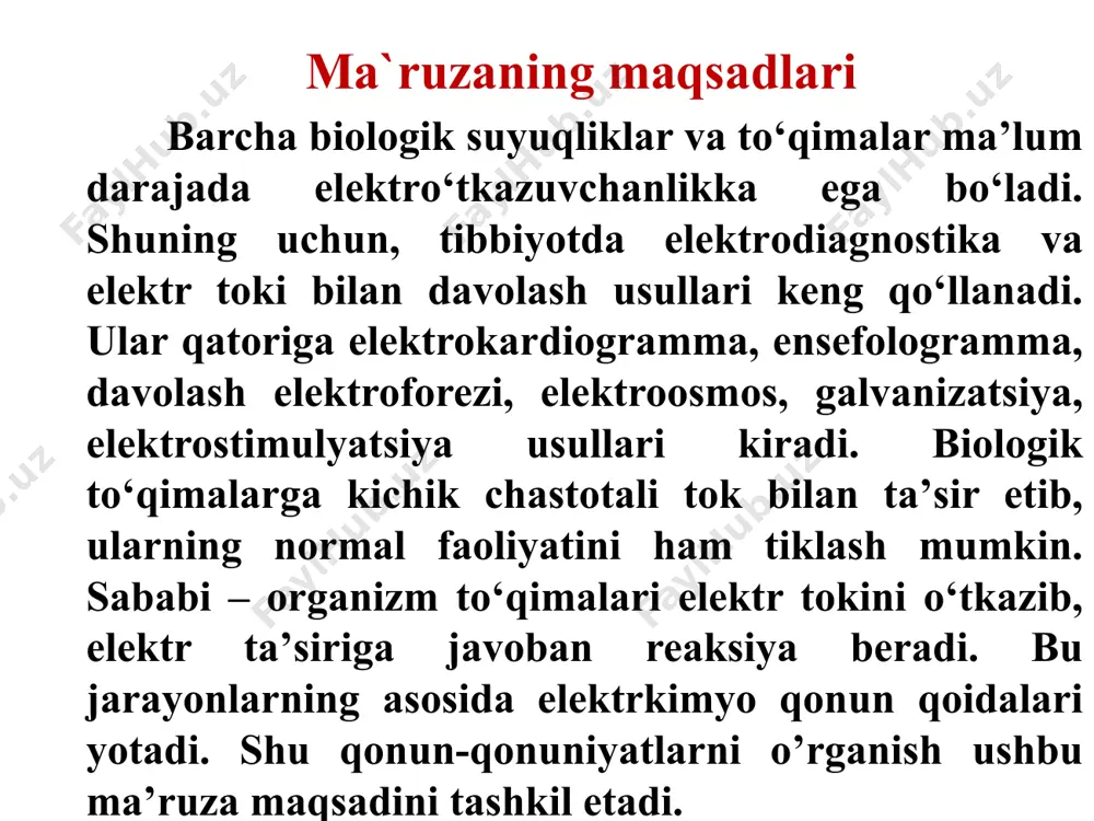 nionlar harakatchanliklarining yig`indisiga teng  = k+ a elektrolitlar eritmalarida α ni konduktometrik usul bilan aniqlash shunda:  - dissotsiatsiyalanish darajasi  - molar elektro`tkazuvchanlik   - cheksiz suyultirgandagi molar elektro`tkazuvchanlik elektrolitlar eritmalarida kdiss. ni konduktometrik usul bilan aniqlash konduktometrik titrlash kuchli kislotani kuchli asos bilan titrlash æ hcl +naoh e.n. v naoh,ml konduktometrik titrlash kuchsiz kislotani kuchli asos bilan titrlash æ ch3cooh + naoh e.n. v naoh,ml konduktometrik titrlash kuchli va kuchsiz kislotalar aralashmasini kuchli asos bilan titrlash æ hcl + ch3cooh + naoh e.n.1 e.n.2 v naoh,ml asab tolalari orqali tok о‘tganda ularning qо‘zgʻaluvchanligi ortadi (elektrotonus). katod yonida qо‘zgʻatuvchilar ta’siriga javoban reaksiya kuchayadi (katelektroton), anod yonida esa bu reaksiya kamayadi (anelektroton). davolash amaliyotida birinchisini tо‘qimalar qо‘zgʻaluvchanligini oshirish uchun, ikkinchisini esa ogʻriq kamaytirish uchun qoʻllashadi. elektro’tkazuvchanlikni tibbiyotdagi ahamiyati tirik organizm to’qima va a’zolarining elektr tokini o’tkazish hususiyati, ularning tuzilishidagi o’ziga hosligi va ularning norma va patologiyadagi o’z vazifalarini …