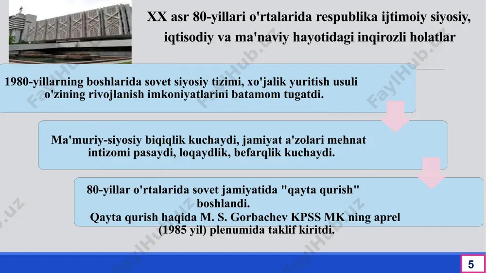 'zbekistonga qaytarib, minglabishlarni qayta o'rgandi. o'zoq davom etgan mashaqqatli kurash natijasida, 2940 kishining haq- huquqi qayta tiklandi, 1015 kishi asossiz sudlangani aniqlandi. noqonuniy ravishda hibsga olingan vatandoshlarimiz ozodlikka chiqdi. 13 o’zbekistonda prezidentlik boshqaruvining shakllanishi 1990 yil 23 martda o’zbekiston ssr prezidenti lavozimini ta’sis etish, o’zbekiston ssr konstitutsiyasiga o’zgartirishlar kiritish to’g’risida qonun qabul qilindi 1990 yil 24 martda 12 chaqiriq o’zbekiston ssr oliy sovetining 1-sessiyasi respublika kompartiyasi 1- kotibi bo’lgan i.a.karimovni o’zbekiston ssrning 1-prezidenti etib sayladi 14 mustaqillik sari qo'yilgan eng muhim siyosiy, huquqiy qadamlardan biri bu 1990 yil 20 iyundagi o'zbekiston ssr oliy sovetining ikkinchi sessiyasida qabul qilingan mustaqillik deklarasiyasining qabul qilinishi bo'ldi. deklarasiyada shunday deyiladi: o'zbekiston sovet sosialistik respublikasi oliy soveti: – o'zbek xalqining davlat qurilishidagi tarixiy tajribasi va tarkib topgan boy an'analari, – har bir millatning o'z taqdirini o'zi belgilash huquqini ta'minlashdan iborat oliy maqsad haqi, – har bir kishining farovon hayot kechirishini ta'minlashni oliy maqsad deb bilgan …