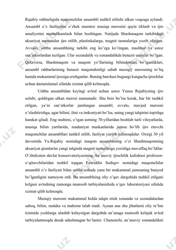 ng birinchi yarmidayoq keng ommalashgan va amaliyotga keng joriy etilgan. 1957-yili yunus o’zbekiston teleradiosi qoshida rajabiy rahbarligida maqomchilar ansambli tashkil etilishi ulkan voqeaga aylandi. ansambl o’z faoliyatini o’zbek mumtoz musiqa merosini qayta tiklash va ijro amaliyotini mustahkamlash bilan boshlagan. natijada shashmaqom tarkibidagi aksariyat namunalar ijro etilib, plastinkalarga, magnit tasmalariga yozib olingan. avvalo, ushbu ansamblning tarkibi eng ko’zga ko’ringan, mashhur va ustoz san’atkorlardan tuzilgan. ular sozandalik va xonandalikda benazir ustozlar bo’lgan. qolaversa, shashmaqom va maqom yo’llarining bilimdonlari bo’lganliklari, ansambl rahbarlarining benazir maqomdonligi sabab musiqiy merosning to’liq hamda mukammal ijrosiga erishganlar. buning barchasi bugungi kungacha ijrochilar uchun dasturulamal sifatida xizmat qilib kelmoqda. ushbu ansambldan keyingi avlod uchun ustoz yunus rajabiyning ijro uslubi, qoldirgan ulkan merosi namunadir. shu bois bo’lsa kerak, har bir tashkil etilgan, ya’ni san’atkorlar jamlangan ansambl, avvalo, mavjud merosni o’zlashtirishga, agar bilimi, ilmi va imkoniyati bo’lsa, uning yangi talqinini topishga harakat qiladi. eng muhimi, o’tgan asrning 70-yillaridan boshlab turli viloyatlarda, …