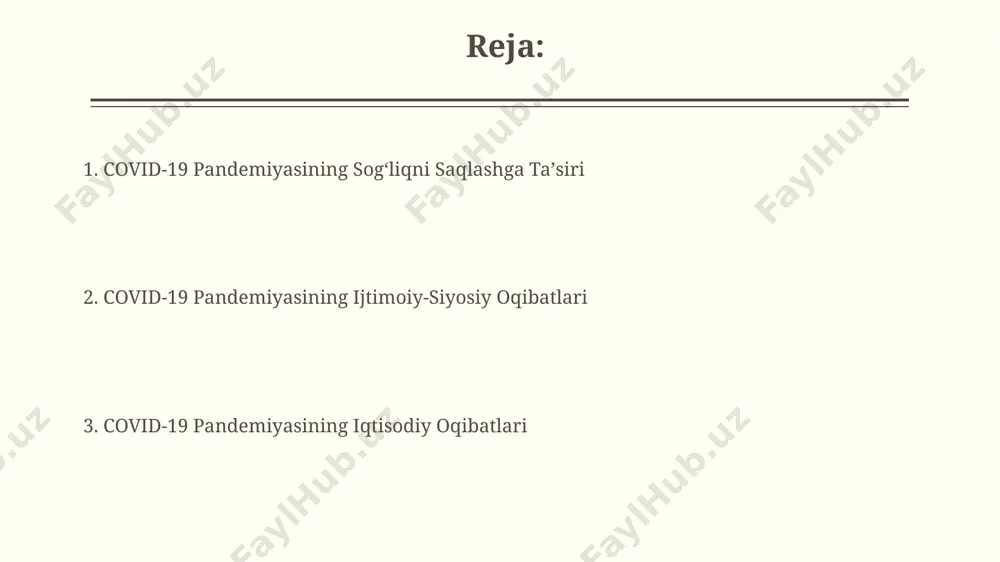 katsiya ko'nikmalariga ega bo'lgan xodimlarga talab 25% ga ortdi. taʼlim tizimiga taʼsiri covid-19 pandemiyasi oqibatida 2020-yilda o'zbekistondagi maktablarning 100% ga yaqini 3 oy davomida to'liq yopildi, bu o'quv jarayonining uzilishiga va o'quvchilarning bilim darajasining pasayishiga olib keldi. pandemiya tufayli yuzaga kelgan stress va ruhiy zo'riqish o'quvchilarning o'qishga bo'lgan qiziqishini pasaytirdi va o'qish natijalariga salbiy ta'sir ko'rsatdi, maktabdagi o'rtacha baho ko'rsatkichlarining 15% ga pasayishi kuzatildi. migratsiya va ko'chish covid-19 pandemiyasi tufayli 2020-2022 yillarda jahon bo'ylab 10 milliondan ortiq odam majburiy ko'chishga majbur bo'ldi, bu esa migrantlar sonining keskin oshishiga olib keldi. pandemiya davrida chegaralar yopilishi tufayli ko'plab migrantlar, taxminan 25%, o'z mamlakatlariga qaytishga majbur bo'lib, ularning ijtimoiy-iqtisodiy ahvoli yomonlashdi. covid-19 pandemiyasining sogʻliqqa taʼsiri pandemiya davrida yurak-qon tomir kasalliklari, diabet va saraton kabi surunkali kasalliklarning kuchayishi kuzatildi, tibbiy yordamga kirish imkoniyati cheklanganligi sababli o'lim darajasi yuqori bo'ldi. covid-19 pandemiyasi nafas olish tizimining jiddiy shikastlanishiga, pnevmoniya va o'tkir respirator sindromiga olib keldi, o'lim …