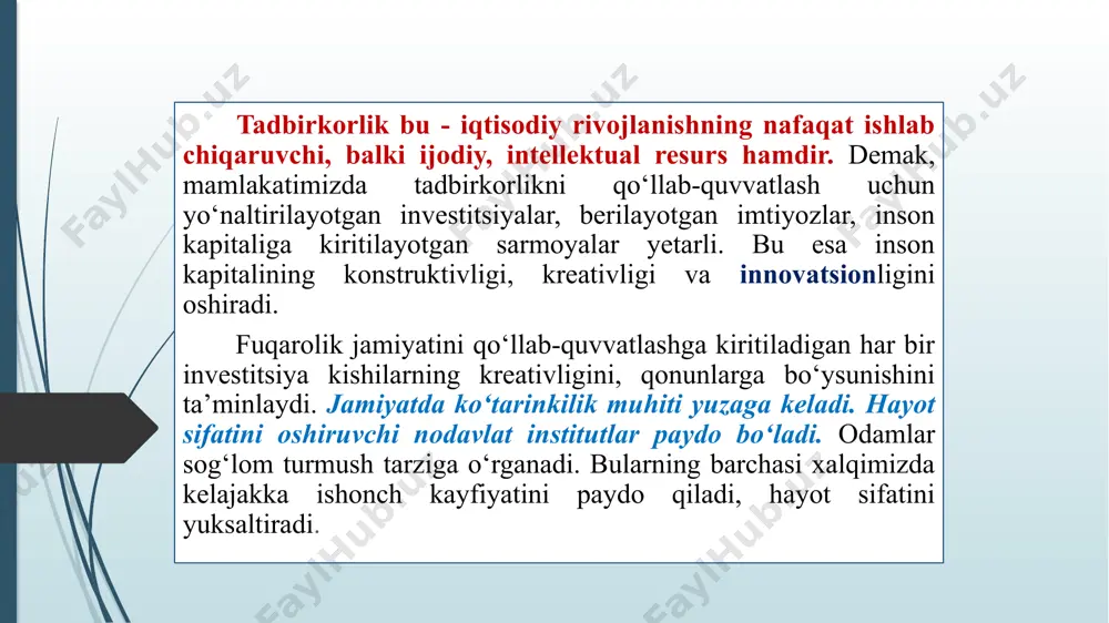 1-bob. umumiy qoidalar; 1-5-moddalar. 2-bob. ta’lim tizimi, turlari va shakllari; 6-22-moddalar. 3-bob. ta’lim tizimini boshqarish; 23-28-moddalar. 4-bob. ta’lim faoliyatini tashkil etish va uning nazoratini amalga oshirish; 29-43-moddalar. 5-bob. ta’lim tashkilotlari pedagog xodimlarining huquqiy maqomi; 44-46-moddalar. 6-bob. ta’lim oluvchilarning, ular ota-onasining hamda boshqa qonuniy vakillarining huquq va majburiyatlari; 47-51-moddalar. 7-bob. ta’lim-tarbiya jarayoni ishtirokchilarini ijtimoiy himoya qilish; 52-56-moddalar. 8-bob. nodavlat ta’lim tashkilotlari faoliyatini litsenziyalash, ta’lim tashkilotlarini attestatsiyadan va davlat akkreditatsiyasidan o‘tkazish. xorijiy davlatda olingan ta’lim to‘g‘risidagi hujjatni tan olish, ta’lim sohasidagi hujjatlarga apostil qo‘yish. 57-61-moddalar. 9-bob. ta’limni moliyalashtirish va davlat tomonidan qo‘llab-quvvatlash; 62-66-moddalar. 10-bob. ta’lim sohasidagi xalqaro hamkorlik; 67-69-moddalar. 11-bob. yakunlovchi qoidalar; 70-75-moddalar. 10-modda. professional ta’lim professional ta’lim egallanadigan kasb va mutaxassislik bo‘yicha quyidagi darajalarni o‘z ichiga oladi: boshlang‘ich professional ta’lim; o‘rta professional ta’lim; o‘rta maxsus professional ta’lim. boshlang‘ich professional ta’lim kasb-hunar maktablarida ix sinf bitiruvchilari negizida bepul asosda kunduzgi ta’lim shakli bo‘yicha umumta’lim fanlarining va mutaxassislik fanlarining ikki yillik integratsiyalashgan dasturlari …