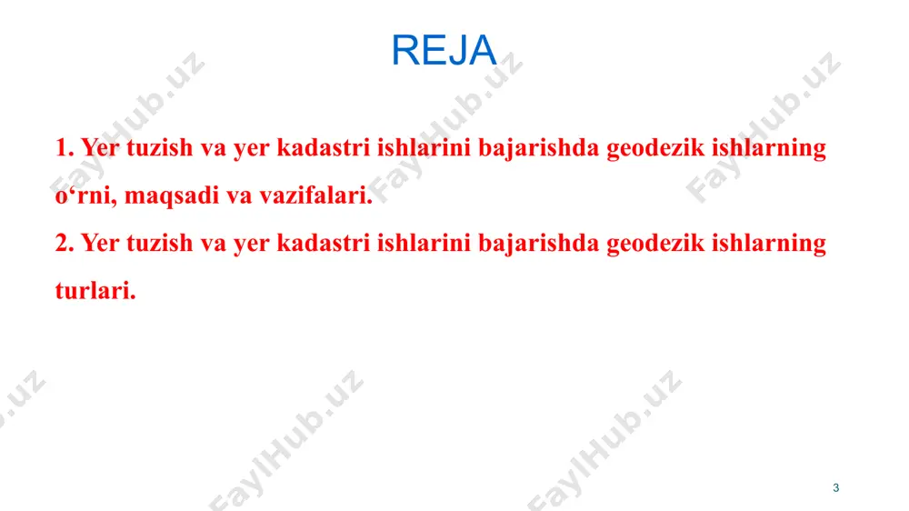 avsumiy) tadqiqotlar, suratga olish, yer oʻlchash ishlarini hamda yer monitoringi maʼlumotlaridan foydalangan holda yer kadastriga oid axborotlar bankini yaratish va uni tartibga solib turish. shuningdek, yer tuzish va yer kadastri ishlarini olib borishda quyidagi geodezik ishlar bajariladi: tipli uchburchaklar sistemalari, poligonometrik, teodolit, taxeometrik, menzula va nivelir yo‘llari ko‘rinishida geodezik syomka tarmoqlarini barpo etish; aerofototopografik, fototeodolit, menzula, teodolit, taxeometrik, yuza nivelirlash syomkalarini loyihalash aniqligi talabiga qarab har xil masshtablar va relef kesimi balandliklarida bajarish; plan va kartalarni tuzish va rasmiylashtirish; plan va kartalarni yangilash - yangi aerofotosyomka natijalari va oldin bajarilgan syomka hamda mavjud geodezik tarmoqlar to‘g‘risidagi materiallari bo‘yicha plan va kartalarni tayyorlash; 5. planlarni to‘g‘rilash (korrektirlash) - paydo bo‘lgan kontur va obyektlarni syomka qilib, ularni mavjud planlarga tushirish va yo‘qolgan kontur va obyektlarni plandan ketkazish; 6.yerdan foydalanuvchilar yer maydonlarini aniqlash va yer eksplikatsiyasini tuzish; 7. loyiha planlarini tayyorlash - plan va kartalardan nusxa olish; 8. yer maydonlarini loyihalash (obyektlarni texnik …