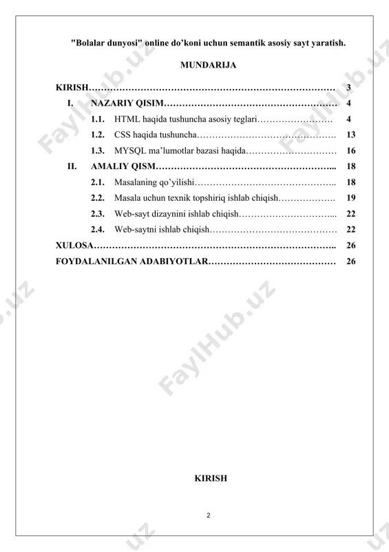 alarini keltirishimiz mumkin. asaxiy.uz, express24.uz, lebazar.uz ni misol ketirish mumkin. lekin o’zbekistonda juda ko’p tanlovga ega online o’yinchoq do’kon mavjud emas.chet elda eng mashxurlari amazon.com, aliexpress.com, alibaba.com xullas sanog'i ko'p ular o'zbekistonda ham mahsulotlar sotishadi. to'lov tizimlari esa paypal.com, webmoney.ru, qiwi.com va ko'plab misollar keltirish mumkin, bularni ham eng ommaboplarini sanab o'tdik. o'zbekistondagi to'lov tizimlari hammani plastik kartasida bo'lgan uzcard va shu asosida ishlovchi ko'plab, click.uz, payme.uz, u-pay.uz, mobil bankin, paynet va websum keyin boshqalardir. bu tizimlar orqali deyarli barcha turdagi mahsulotlarni internet orqali buyurtma berishingiz mumkin va ular buyurtmangizni uyingizgacha olib kelib berishadi. i.nazariy qism 1.1. html (hyper text markup language) – belgili til bo’lib, ya'ni bu tilda yozilgan kod o’z ichiga mahsus ramzlarni mujassamlashtiradi. bunday ramzlar hujjat ko’rinishini faqatgina boshqarib, o’zi esa ko’rinmaydi. htmlda bu ramzlarni teg (teg – yorliq, belgi) deb ataladi. htmlda hamma teglar ramz-chegaralovchilar ( ) bilan belgilanadi. ular orasiga teg identifikatori (nomi, masalan b) …