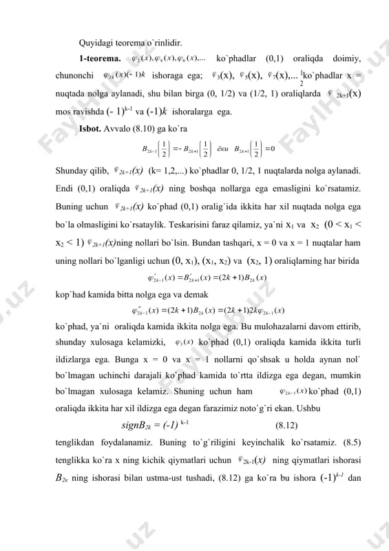 laga qo`yib, quyidagilarni hosil qilamiz: bevosita integrallab, ni hosil qilamiz, ya`ni yuqorida topilgan rahamlarning barchasi ishonchli ekan. foydalanilgan adabiyotlar: 1. соболев с.л. введение в теорию кубатурных формул. –м.: «наука». -1974г. 2. никольский с.м. квадратурные формулы. 2-е изд. –м.: «наука». -1972г. 3. крылов в.н. приближённые вычисления интегралов. –м.: «наука». -1967г. 4. коробов н.м. теоретика – числовые методы в приближённом анализе. –м.: физматгиз. -1963г. 5. лануош к. практические методы прикладного анализа. –м.: физматгиз. -1961г. 6. ермаков с.м. методы монте-карло и сменные вопросы. 2-е доп. изд. –м.: «наука». -1973г. 7. қобулов в.к. функционал анализ ва ҳисоблаш математикаси. –т.: “ўқитувчи”. -1976й. 8. исроилов м.и. ҳисоблаш методлари. –т.: “ўзбекистон”. -2203й. 9. шодиметов х.м. введение в теорию квадратурных формул. –т.: фан. -2005й. 10. шарипов т.х. теоремы вложения в классах периодических обобшеных функций. известия ан узсср, серия физ.мат.наук, 1971г. №1. 32-35-стрю 11. расулов и.г., хасанов б., самадова м. составная кубатурная формула. бухоро давлат университетининг илмий ахборотномаси. 2009 …