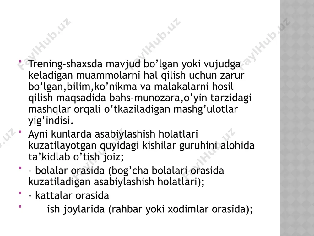 b ketish yo’llarini topishga imkon beruvchi vosita hisoblanadi. shaxslarning xulq-atvori, emotsional holatlari ayniqsa bolalarda ro’y beradigan xulq og’ushlarni bartaraf qiladigan vosita hisoblanadi. bolalarni bilimga o’rgatishga, ularni tarbiyasini shakllantirishda qulay vosita hisoblanadi. image1.jpeg image2.jpeg image3.jpeg image4.jpeg