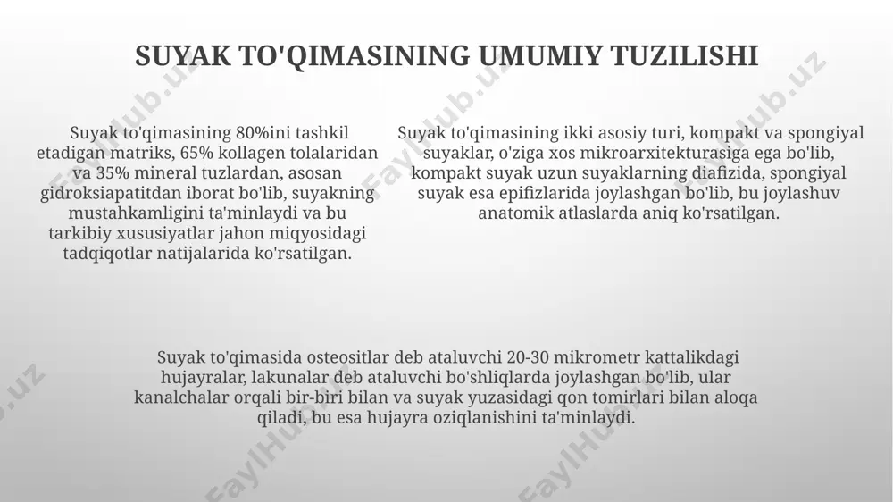 hkiloti tomonidan tasdiqlangan. suyak matritsasining 35% organik qismini i tip kollagen tolalari tashkil etadi, ular suyakning mustahkamligini va egiluvchanligini ta'minlaydi, bu esa shimoliy amerikada o'tkazilgan tadqiqotlarda aniqlangan. mineral kristallar va kaltsiy fosfat kaltsiy fosfat kristallarining o'lchamlari 20-50 nanometr oralig'ida o'zgarib turadi va ular kollagen tolalari atrofida joylashgan holda, suyak matritsasini hosil qiladi, bu esa suyakning mustahkamligini ta'minlaydi. suyakdagi kaltsiy fosfat kristallarining to'g'ri joylashishi va miqdori, masalan, o'zbekiston aholisining 30% da uchraydigan osteoporoz kabi kasalliklarning oldini olishda muhim rol o'ynaydi. suyak to'qimasining 65% gacha qismini tashkil etadigan kaltsiy fosfat kristallari, asosan, gidroksiapatit shaklida bo'lib, ularning o'ziga xos kristallografik tuzilishi tufayli suyakka yuqori mustahkamlik xususiyatini beradi. e'tiboringiz uchun rahmat @taqdimot_robot image1.png image2.png image3.png