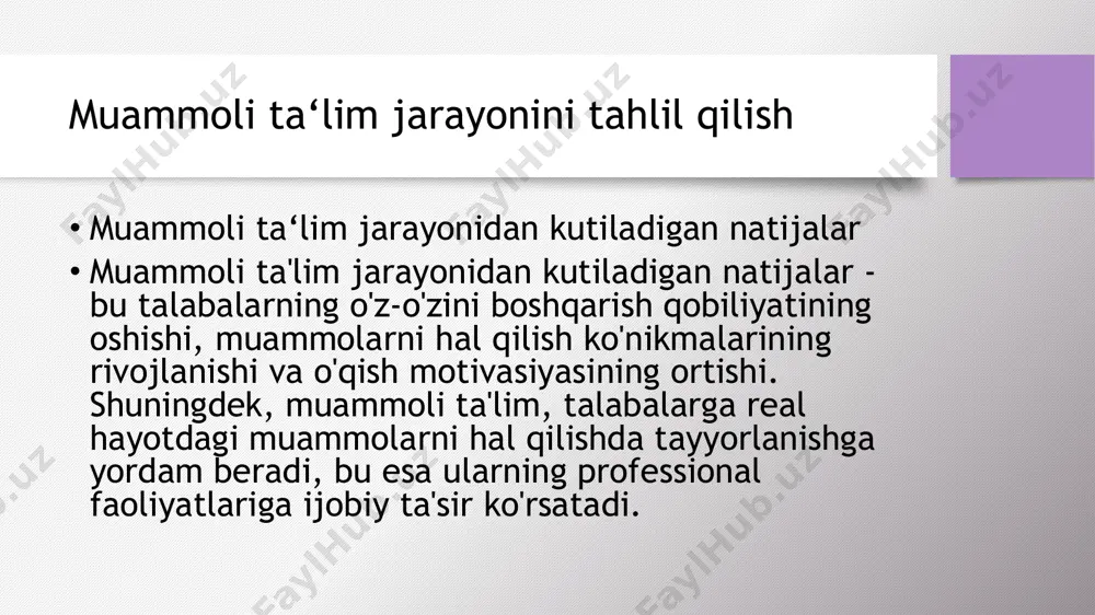 ur. 1. o‘quvchilarni baholash tizimi: baholash muammoli ta‘lim jarayonining ajralmas qismi bo'lib, o‘quvchilarning o'zgarishini va rivojlanishini kuzatishda yordam beradi. 2. o‘qituvchilarning tayyorgarligi: o‘qituvchilar muammoli ta‘lim usullarini o'zlashtirishi va o‘quvchilarga ko‘mak berish uchun tayyor bo‘lishi kerak. 3. o‘quv materiallarining sifati: o‘qitish jarayonida foydalaniladigan materiallar muammoli muhitda samarali ta'lim berish uchun mos bo‘lishi zarur. o‘qituvchilarning ko‘nikmalari ko‘nikmalar**: muammoli ta'lim jarayonida o‘qituvchilar mantiqiy fikrlash, muammolarni hal qilish va talabalarning o‘z-o‘zini boshqarish ko‘nikmalariga ega bo‘lishlari kerak. ushbu ko‘nikmalar o‘quv jarayonini samarali tashkil etish va talabalarni faol ishtirok etishga undashda muhim ahamiyatga ega. o‘qituvchilar va talabalar o‘rtasidagi o‘zaro aloqa muammoli ta'limda samarali aloqa o‘rnatish o‘qituvchi va talabalar o‘rtasidagi bilim almashinuvi va fikrlar muhokamasini ta'minlaydi. bu o‘zaro aloqalar talabalarni faol ishtirok etishga va o‘rganish jarayonida yanada chuqurroq fikr yuritishga undaydi. muammoli ta'lim jarayonida o‘zaro aloqa natijalariga talabalar orasida ijodkorlik va jamoaviy ishlash ko‘nikmalarini rivojlantirish kiradi. bunday aloqa, shuningdek, o‘qituvchining talabalarning ehtiyojlarini yaxshiroq tushunishiga va o‘qitish uslublarini …