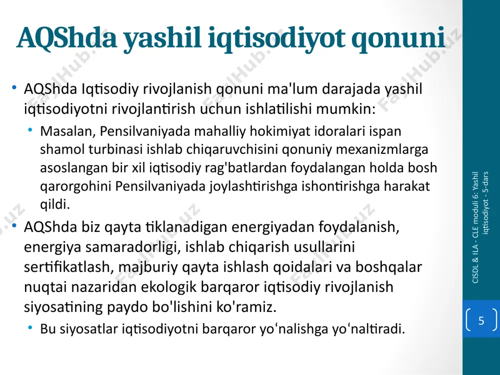 ariga muvofiqligini ta'minlash uchun usullar o'zgartirildi. cisdl & ila - cle moduli 6: yashil iqtisodiyot - 5-dars 13 aqshda yashil iqtisodiyotning ijtimoiy o'lchovi qo'shma shtatlarda ijtimoiy jihat asosan "yashil ish o'rinlari" bo'yicha bahslarda topiladi. mahalliy va shtat darajasida "yashil ish o'rinlari" muhim va siyosat vositalarining to'g'ri aralashmasi bilan yaratilishi mumkinligi haqida ko'p tushuncha mavjud. cisdl & ila - cle moduli 6: yashil iqtisodiyot - 5-dars 14 yashil iqtisodiyot va barqarorlikdagi yuridik amaliyotchilarning roli yashil energiya moliyasi: yuridik firmalar ushbu loyihalarga hissa qo'shish va faollashtirish uchun huquqiy vositalarga ega; masalan, stacking: huquqiy va iqtisodiy imtiyozlardan foydalanish uchun moliyalashtirish paketini yaratish. qayta tiklanadigan energiya va loyihani joylashtirish bilan bog'liq huquqiy muammolar; yashil qurilish va huquqiy masalalar; mahalliy darajada barqarorlik: boshqaruv dizayni va siyosat o'zgarishlari; masalan, yashil infratuzilmalar va yomg'ir suvidan foydalanish. boshlanish nuqtasi: biz duch keladigan barqarorlik muammolarini tushunish va muammolarni ijodiy hal qilish. cisdl & ila - cle moduli 6: yashil …
