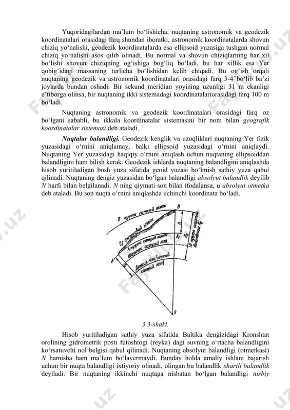 al va yer ellipsoidi kichik o‘qiga (rr1 ga) parallel bo‘lib o‘tadigan tekislikning ellipsoid yuzasi bilan kesishgan chizig‘i geodezik meridian deyiladi. berilgan nuqtadan ellipsoidning kichik o‘qiga perpendikulyar bo‘lib o‘tgan tekislikning ellipsoid bilan kesishuv chizig‘i geodezik parallel deyiladi. ellipsoid markazidan o‘tgan parallel tekisligining ellipsoid bilan kesishuv chizig‘i ekvator deb ataladi. ellipsoid yuzasidagi nuqtaning o‘rni shu nuqtadan o‘tgan geodezik meridian va parallelning kesishuv orqali aniqlanadi. meridian o‘rni uzoqlik bilan , parallel o‘rni esa kenglik bilan belgilanadi. berilgan nuqtaning geodezik meridiani bilan bosh geodezik meridian orasidagi ikki yoqli burchak geodezik uzoqlik deyiladi va l harfi bilan belgilanadi. berilgan nuqtadan yer ellipsoidi yuzasiga tushgan normal bilan ekvator tekisligi orasidagi burchak geodezik kenglik deb ataladi va v harfi bilan belgilanadi. yuqoridagilardan ma’lum bo‘lishicha, nuqtaning astronomik va geodezik koordinatalari orasidagi farq shundan iboratki, astronomik koordinatalarda shovun chiziq yo‘nalishi, geodezik koordinatalarda esa ellipsoid yuzasiga tushgan normal chiziq yo‘nalishi asos qilib olinadi. bu normal va shovun chiziqlarning har xil …