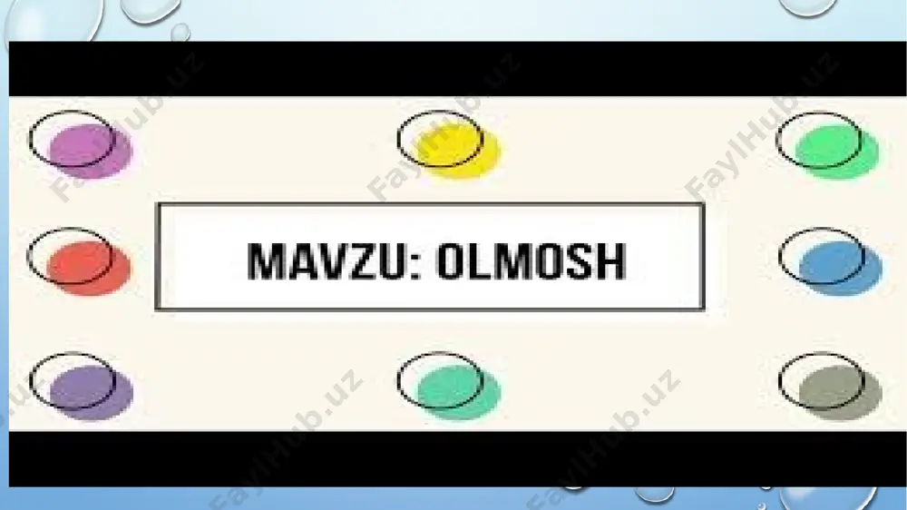a (nega?, nimaga?), o’ringa (qani?) munosabat bildiradi. badiiy asarlarda nechuk, ne, na so’roq olmoshlari ishlatiladi. so’roq olmoshlari kelishik, egalik affikslari bilan turlana oladi. 5. belgilash-jamlash olmoshlari: har kim, har, har nima, har qanday, har qaysi, har bir; hamma, bari, jami, barcha, butun, yalpi. belgilash olmoshlari gapda ega, to’ldiruvchi, aniqlovchi va hol bo’lib keladi. 6. bo’lishsizlik olmoshlari: hech kim, hech qanday, hech nima, hech qaysi. bu olmoshlar ot, sifat, son kabi so’z turkumlari anglatgan ma’no haqidagi inkorni bildiradi. ma’no jihatdan belgilash olmoshlariga zid. bo’lishsizlik olmoshi ot vazifasida keladi. 7. gumon olmoshlari: allakim, allaqanday, allaqaysi, kimdir, nimadir, allanima, allaqachon, allaqanaqa. gumon olmoshlari predmet, belgi yoki hodisa haqidagi noaniq tasavvurni bildirib, ularga umumiy va taxminli ishora qiladi. gumon olmoshlari ot, sifat xarakterida bo’ladi. belgilash, bo’lishsizlik, gumon olmoshlari sodda yoki qo’shma holda bo’ladi. e’tiboringiz uchun raxmat! image2.png image3.png image4.png image5.jpeg image6.png image7.png image8.png image9.png image10.png image1.png