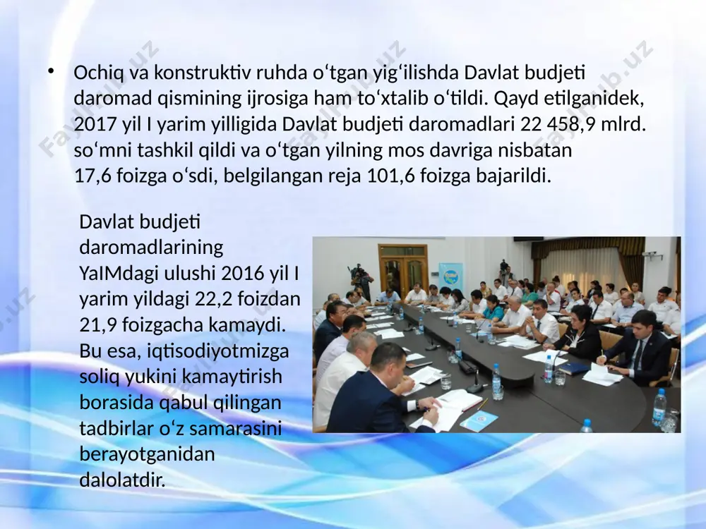 muhim masalalarni muhokama qilish davomida 2016 yil yakunlari bo`yicha yalpi ichki mahsulot 7,8 foizga o`sganligi qayd etib o`tildi. sanoat mahsuloti hajmlari – 6,6 foizga, qurilish-pudrat ishlari – 12,5 foizga, chakana savdo aylanmasi – 14,4 foizga, xizmatlar – 12,5 foizga o`sdi. davlat byudjeti yalpi ichki mahsulotga nisbatan 0,1 foiz miqdorida profisit bilan ijro etildi. tashqi savdo aylanmasining ijobiy saldosi ta`minlandi. inflyasiya darajasi prognoz parametrlaridan oshmadi va 5,7 foizni tashkil etdi. iqtisodiyotga 16,6 milliard aqsh dollari miqdorida yoki 2015 yilga nisbatan 9,6 foizga ko`p investisiyalar yo`naltirildi. o`zlashtirilgan xorijiy investisiyalar va kreditlar hajmi 11,3 foizga o`sdi va 3,7 milliard dollardan oshib ketdi. umumiy qiymati 5,2 milliard dollar bo`lgan 164 ta yirik investisiya loyihalarini amalga oshirish yakunlandi. shu jumladan, “jm o`zbekiston” aksiyadorlik jamiyatida “t-250” modeldagi engil avtomobillarni ishlab chiqarish o`zlashtirildi, jizzax viloyatida sement zavodi kengaytirildi, tolimarjon issiqlik energiya stansiyasida quvvati 900 mvt bo`lgan bug`-gaz qurilmalari hamda angren issiqlik energiya stansiyasida quvvati 150 mvt bo`lgan …