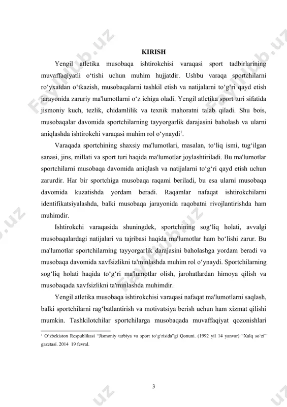vazifa ishtirokchilarni aniqlash va ro‘yxatdan o‘tkazishdir. har bir sportchiga berilgan raqam va shaxsiy ma'lumotlar ularni musobaqa davomida kuzatish va natijalarni to‘g‘ri qayd etishda katta yordam beradi. boshqa bir vazifa, sportchilarning sog‘liq holatini baholash va xavfsizlikni ta'minlashdir. varaqada sportchilar haqida sog‘liq ma'lumotlari kiritilishi, musobaqa davomida yuzaga kelishi mumkin bo‘lgan xavf-xatarlarni oldini olishga yordam beradi. kurs ishining tarkibiy tuzilmasi:ushbu kurs ishi 2 ta bob, 6 ta reja, xulosa va foydalanilgan adabiyotlardan iborat. i.bob.yengil atletika musobaqalarining tashkiliy tuzilishi. 1.1.musobaqa turini tanlash. yengil atletika musobaqalarida ishtirokchi treneri va qo‘llab-quvvatlovchi shaxslarning o‘rni juda katta. trenerlar va qo‘llab-quvvatlovchi shaxslar ishtirokchining sportdagi muvaffaqiyatlari uchun asosiy tayanch hisoblanadi. ularning yordami, maslahatlari va motivatsiyasi sportchining natijalariga bevosita ta'sir ko‘rsatadi. yengil atletikada muvaffaqiyatga erishish uchun nafaqat jismoniy kuch va mahorat, balki ruhiy tayyorgarlik ham muhim ahamiyatga ega. shu sababli, trenerlar va qo‘llab-quvvatlovchilar ishtirokchining umumiy tayyorgarligiga katta ta'sir o‘tkazadi. trenerning roli yengil atletika musobaqalarida juda katta. trenerlar sportchilarning jismoniy va ruhiy …