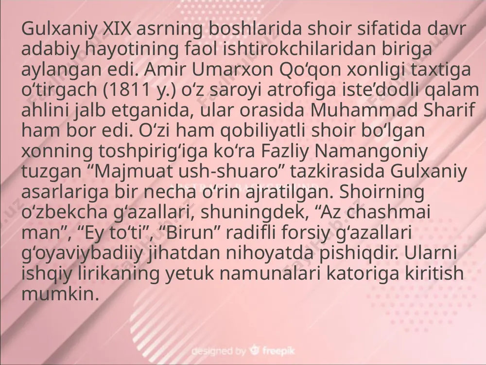 lida, ul kishining ko‘zlari o‘z yo‘lida! menda agar zarra kabi ixtiyor bo‘lsa edi – bo‘lmas edim zori bor!” gulxaniy ijodi o`zbek olimlari a.qayumov, r.muqimov, f.ishoqov, m.qo`shjonov, m.qo`shmoqov, a.asrorov v.b. olimlar tomonidan o`rganilgan. nashr qilingan asarlari: gulxaniy. zarbulmasal (nashrga tayyorl. f.ishoqov). -t: 1958; o`zbek adabiyoti. 4 jildlik 3-jild. -t: 1959. e`tiboringiz uchun rahmat