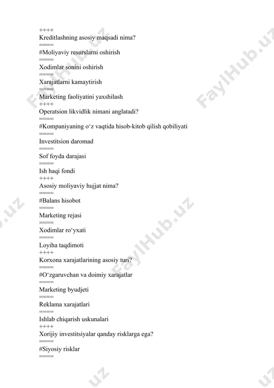 payishi ==== #qarz va kapital nisbatining optimal darajada bo‘lishi ++++ moliyaviy rejalashtirishga quyidagilardan qaysi biri kiradi: ==== investitsion imkoniyatlarning taxlili ==== korxona ixtiyoridagi mablag’dan moliyalashtirish imkoniyatlarining taxlili ==== qabul qilinayotgan qarorlarning oqibatlarini bashoratlash ==== #hamma javob to'g'ri ++++ moliyaviy rejalashtirishning asosiy funktsiyalari ==== #pul oqimlarini rejalashtirish ==== investitsiyalarning daromadliligini kamaytirish ==== xarajatni bashoratlash ==== hamma javob to'g'ri ++++ korxonalar moliyasini boshqarish tizimi quyidagilarga bog'liq: ==== faoliyat koʻlami, mulkchilik shakllari ==== faoliyat turlari ==== oboroti hamda xarajatlari ==== #faoliyat koʻlami, mulkchilik shakllari, faoliyat turlari ++++ faoliyat koʻlamiga quyidagilar bog'liq ==== ishlab chiqariladigan va sotiladigan mahsulot hajmi ==== xodimlar soni ==== kapital miqdori ==== #hamma javoblar to'g'ri ++++ quyidagilardan qaysi biri biznesni tashkil etish va yuritish shakllari ==== yakka egalikdagi korxonalar ==== oʻrtoqlik yoki hamkorlik korxonalari ==== aksiyadorlik jamiyatlari yoki korporatsiyalar ==== #hamma javob to'g'ri ++++ moliyaviy mexanizm necha turga bo'linadi? ==== #2 ==== 1 ==== 3 ==== 4 ++++ risklarning alohida …