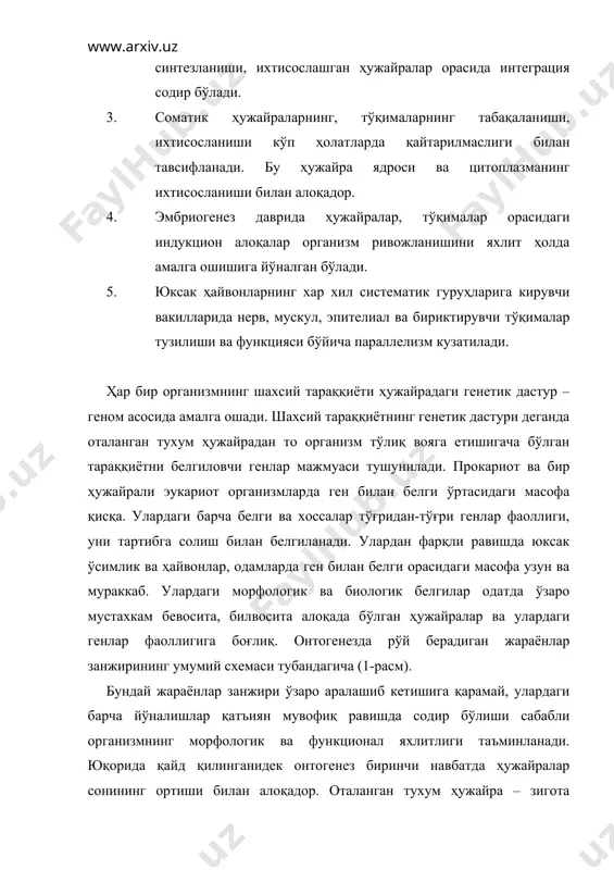 ан улар борган сари ўзларининг мураккаблигини йўкотиб, организмнинг таркибий қисмларининг бирига айлана борадилар. маълумки уруғланиш даврида тухум ва уруғ ҳужайранинг зиготани ҳосил этишдаги улуши бир-биридан фарқ қилади. зигота ҳосил бўлишида тухум ҳужайра ядроси ҳар хил органоидли цитоплазма, ген маҳсулотларига эга ҳолатда бўлса, уруғ ҳужайра тухум ҳужайрага фақат ўз ядросини беради холос. шунга кўра зиготани бўлиниши ва дастлабки бластомераларнинг ривожланиши она ҳужайра хромосомаларининг диплоид тўпламли чоғидаги синтезланган цитоплазмадаги ген махсулотлари ҳисобига рўй беради. бинобарин онтогенез ривожланиши дастлабки босқичини она ҳужайрадаги диплоид тўпламли хромосомада жойлашган генлар белгилаб беради. шахсий тараққиётнинг кейинги босқичларида эса она ҳужайра генлари билан бир қаторда зиготадаги ота организм генлари ҳам қатнашади. фойдаланиладиган адабиётлар: 1. лобашев м.е. генетика. изд-во лгу , 1967, 751с. 2. лобашев м.е., ватти к.в., тихомирова м.м. генетика с основами селекции. м. просвещение, 1970. 432с. 3. гершензон с.м. основы современной генетики. 2-е изд., киев, наукова думка, 1983, 558с. 4. айала ф., кайгер дж. современная генетика. i-ii …