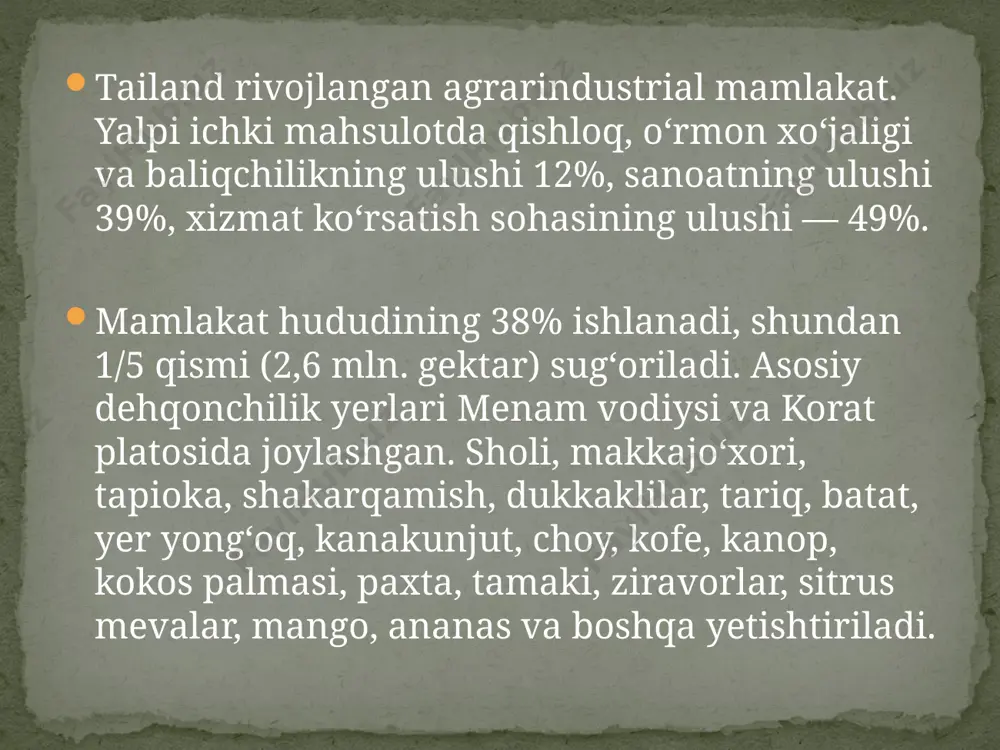 uket, sattaxin. bangkokda xalkaro aeroport bor. tailand guruch, tapioka, kauchuk, qandshakar, qalay va boshqa metall rudalari, asil toshlar, gazlama eksport qiladi. chetdan neft va neft mahsulotlari, mashina va uskunalar, kimyoviy moddalar, kora metall va isteʼmol mollari sotib oladi. yaponiya, aqsh, singapur, yevropa ittifoqi mamlakatlari bilan savdo qiladi. tailand bilan oʻzbekiston respublikasining 2002 yilgi tovar aylanmasi 7,1 mln. aqsh dollarini tashkil qildi. pul birligi — bat. tailandda davlat tibbiy muassasalari bilan bir qatorda xususiy shifoxonalar xam bor. vrachlar 4 ta oliy tibbiyot maktabida tayyorlanadi. maorifi, ilmiy va madaniymaʼrifiy muassasalari. 7 yoshdan 15 yoshgacha boʻlgan bolalarga majburiy bepul taʼlim joriy qilingan. 1977 yildan umumiy taʼlim maktabining yangi tizimi qabul etilgan: boshlangʻich maktab 6 yil, oʻrta maktab 6 yil. darslar tay tilida olib boriladi. xususiy maktablar ham bor. matbuoti, radioeshittirishi va telekoʻrsatuvi. tialandda tay, xitoy, ingliz tillarida oʻnlab gaz. va jurnalilar nashr etiladi, muhimlari: "bangkok post", "deyli nyus", "neyshn" ("millat", ingliz tilida chikadigan …