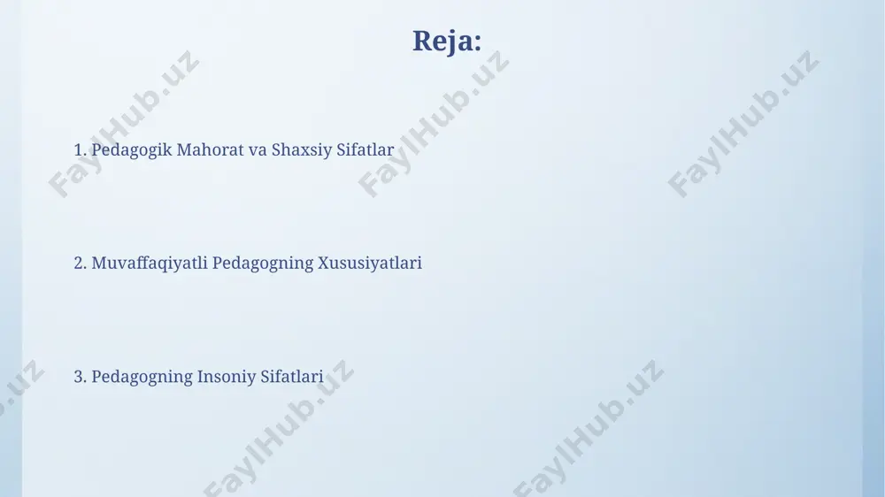 arqanddagi 3 ta universitetda o'qituvchilarning 70% i ijtimoiy-emotsional intellektni rivojlantirish bo'yicha o'quv kurslarini o'tashni muhim deb hisoblaydi, bu esa o'z navbatida, o'quvchilar bilan munosabatlarni yaxshilash va akademik natijalarni yaxshilashga olib keladi. pedagogning emotsional intellekti pedagogning emotsional intellekti, masalan, toshkentdagi maktablarda o‘tkazilgan so‘rovnomalar natijalariga ko‘ra, o‘quvchilarning o‘ziga ishonchini 30% ga va o‘qishga bo‘lgan qiziqishini 25% ga oshirishi mumkin. samarqanddagi tadqiqotlar shuni ko‘rsatdiki, yuqori emotsional intellektga ega bo‘lgan 100 nafar o‘qituvchining 70 foizi dars jarayonida talabalarning hissiy holatini aniqlash va unga moslashishda muvaffaqiyatli bo‘lgan. pedagogning shaxsiy fazilatlari pedagogik mahoratning 5 darajali tizimiga ko‘ra, andijon viloyatida ishlayotgan pedagoglarning 80%i yuqori 3 ta darajaga ega bo‘lib, bu ularning yuksak professional fazilatlariga ega ekanligini ko‘rsatadi. pedagogning 3 yildan ortiq tajribasi va 100 dan ziyod o‘quvchini tayyorlaganligi, toshkentdagi eksperimental maktabda o‘tkazilgan tadqiqotlarga ko‘ra, uning yuqori darajada mas'uliyatlilik va sabr-toqatlilik fazilatlariga ega ekanligini tasdiqlaydi. e'tiboringiz uchun rahmat @taqdimot_robot image4.png image5.jpg image6.jpg image7.jpg image8.jpg image9.jpg image10.jpg image3.jpeg