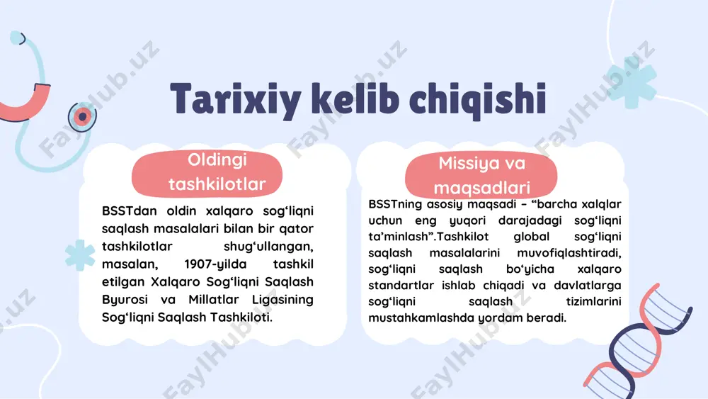 tdan texnik va maslahat yordami oladi.birlamchi tibbiy yordamni rivojlantirish va shifoxona infratuzilmasini yaxshilash bo‘yicha loyihalar qo‘llab-quvvatlanadi. sog‘liqni saqlash tizimi islohotlari yuqumli kasalliklar bilan kurash: sil: o‘zbekistonda silga qarshi milliy dastur bsst va global fond yordami bilan amalga oshiriladi. bu dastur tufayli silni aniqlash va davolash darajasi yaxshilandi oiv/oits: bsst oiv bilan yashovchi odamlarga antiretroviral terapiya yetkazib berish va stigma bilan kurashishda yordam beradi. ona va bola salomatligi bsst homilador ayollar va yangi tug‘ilgan chaqaloqlar uchun sifatli tibbiy xizmatlarni rivojlantirishda yordam berdi.vaksina dasturlari orqali bolalar o‘rtasida qizamiq, poliomiyelit va boshqa kasalliklarning oldi olindi. covid-19 pandemiyasiga qarshi kurash: bsst covax dasturi orqali o‘zbekistonga pfizer, moderna va astrazeneca vaksinasini yetkazib berdi.tashkilot o‘zbekistonda test tizimlarini rivojlantirish va shifokorlarni o‘qitishda yordam berdi sog‘liqni saqlash bo‘yicha ma’lumot: bsst o‘zbekistonda sog‘liqni saqlash statistikasini to‘plash va tahlil qilishni yaxshilashga yordam beradi. atrof-muhit va sog‘liq o‘zbekistonda suv ta’minoti va sanitariya muammolarini hal qilish bo‘yicha loyihalarni qo‘llab-quvvatlaydi.iqlim o‘zgarishi va havo …