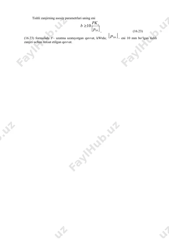 anjirning parametrlari , ; . zanjirning tekshiruvchi hisoblarini bajaring. , deb oling. uzatma gorizantal joylashgan. yechish. uzatmada ; h; bunda ; jadvaldan , . (16.17) formuladan jadvaldan . zanjirning ehtiyot koeffisienti (16.19) formuladan hisoblanadi. bunda . ga , bunda . . 8 – masala. , , bo‘lgan tishli zanjirli uzatma hisoblansin. uzatmaga ta‘sir etuvchi yuklanish o‘zgarmas. zanjir vaqti – vaqti bilan moylab, taranglab turiladi, uzatma gorizantal joylashgan. yechish. yetaklovchi yulduzchaning tishlar soni . yetaklanuvchi yulduzchaning tishlar soni . uzatish nisbatining haqiqiy qiymati ; jadvaldan zanjir qadamini tanlaymiz. uzatma zanjirining tezligi zanjirning enini aniqlaymiz (16.23) formula bo‘yicha jadvaldan , da olamiz. uzatmaning eksplutasiya koeffisienti. . jadvaldan va bo‘lgan zanjir tanlaymiz. uzatmaning geometrik o‘lchamlari: o‘qlararo masofa . zanjirdagi zvenolar soni ; deb qabul qilamiz zanjirning uzunligi . uzatma zanjiri uchun mustahkamlik bo‘yicha xavfsizlik koeffisienti jadvaldan ; ; ; aylana kuch ; bunda ; . markazdan qochirma kuch . zanjirning osilishidan hosil bo‘lgan …