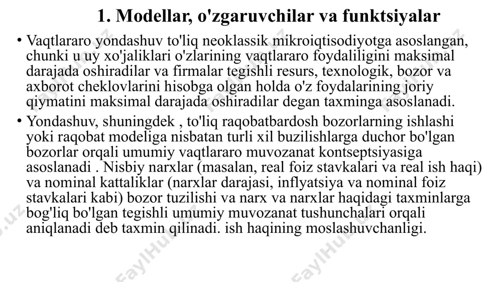 atlarini modellashtirishga imkon beradi. shunday qilib, uy xo'jaliklari tegishli byudjet va bozor cheklovlari ostida o'zlarining foydali funktsiyalarini maksimal darajada oshiradigan qoidalarga rioya qilishlari kerak, firmalar esa tegishli texnologik va bozor cheklovlari ostida tegishli ravishda belgilangan foyda funktsiyasini maksimal darajada oshiradigan qoidalarga amal qiladilar. xuddi shunday mulohazalar davlat va davlat idoralariga ham tegishli. matematik iqtisodiy modellar odatda ko'rib chiqilayotgan iqtisodiyot strukturasini va iqtisodiy agentlarning xatti-harakatlarini tavsiflash uchun mo'ljallangan tenglamalar tizimi shaklida bo'ladi. tenglamalar o'zgaruvchilarni bir-biriga bog'laydi tenglamalar o'zgaruvchilarni bir-biriga bog'laydi va xulq-atvor munosabatlari, hisob identifikatorlari yoki muvozanat shartlari bo'lishi kerak. o'zgaruvchilar turli qiymatlarni qabul qilishi mumkin bo'lgan iqtisodiy kattaliklarni bildiradi. endogen o'zgaruvchilar (ya'ni, qiymatlari modelning o'zi tomonidan belgilanadigan o'zgaruvchilar) va qiymatlari modeldan tashqarida aniqlanadigan va ekzogen sifatida qabul qilingan ekzogen o'zgaruvchilar o'rtasida muhim farq mavjud . matematik modellarning yana bir muhim elementi odatda doimiy qabul qilingan va ekzogen tarzda berilgan parametrlar to'plamidir. parametrlar iqtisodiy agentlarning maqsad funktsiyalari va cheklovlari bilan bog'liq …