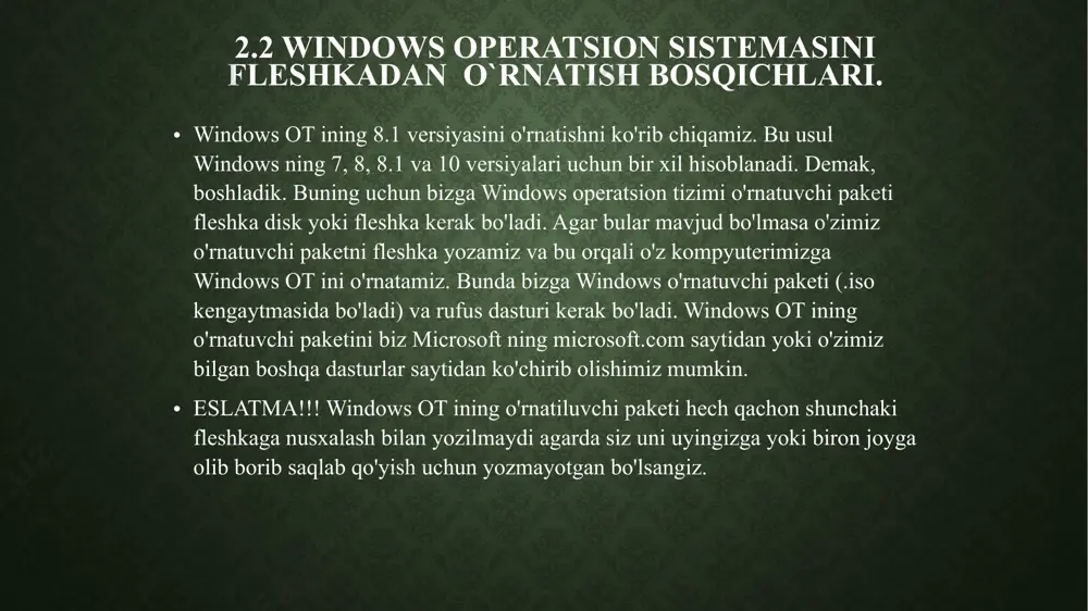 di, siz shulardan o’zingizga keragini birinchi o’ringa qo’yasiz, birinchi o’rinda turgani esa tanlangan qurilmaning o’rnini egallaydi. yangiroq turdagi bios larda esa bu amaliyot f5 va f6 tugmalari (yoki boshqa f tugmalarda) amalga oshiriladi. ya’ni, siz o’zingizga kerakli disk/fleshka nomini belgilaysiz va yo f5 (past) yo f6 (tepa) tugmalarini bosgan holda tartibini o’zgartirasiz. boshqa turdagi bios larda (“post” yoki “boot”) bu boshqacha tarzda amalga oshirilishi mumkin (f1 va f2; “+” va “-” va boshqacha tarzda) . biz bios ni sozlamasini sozladik endi fleshkani kompyuterga ulaymiz va kompyuterni yoqamiz. qora ekranimiz chiqishi bilan istalgan klaviaturani klavishlaridan biri bir necha bor bosamiz bizda windows ni qaysi tilda o’rnatish haqida so’rov chiqadi. shuni tanlab so’ng «next» tugmasini bosamiz bu oynada «install» now tugmasini bosamiz so'ngra biz «лицензионное соглашение» ga qabul qilaman deb galochkani belgilaymiz va «next» tugmasini bosamiz bu yerda windows ni o’rnatish boyicha turini tanlimiz. bizga boshidan o’rnatish kerakligi sababli biz «выборочная» ni …