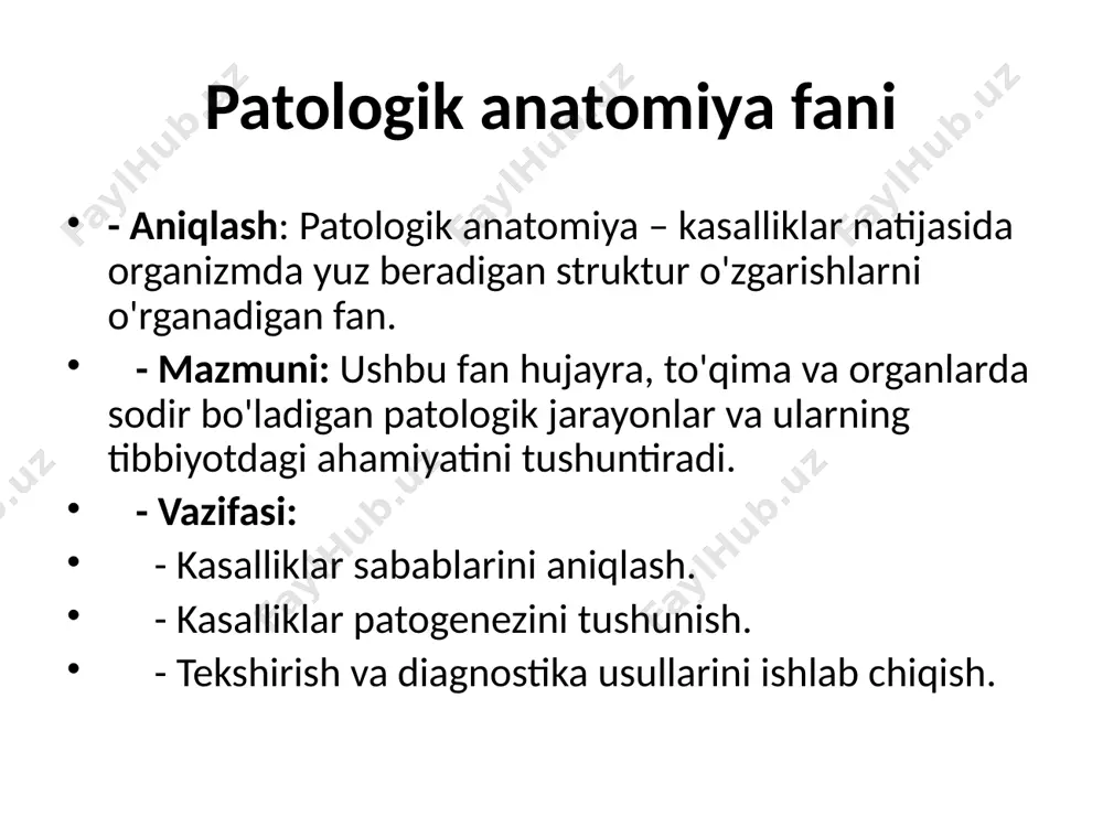 hadi. jigarning yog‘li parenximatoz distrofiyasi (steatoz) – bu jigar hujayralarida ortiqcha yog‘larning to‘planishi bilan kechadigan patologik jarayon. ushbu holat ko‘pincha metabolik buzilishlar, noto‘g‘ri ovqatlanish yoki alkogol iste’mol qilish natijasida rivojlanadi. mikroskopda ko‘rinishi: - gepatositlar (jigar hujayralari) ichida turli o‘lchamdagi vakuollarga o‘xshash tuzilmalarning mavjudligi. bu vakuollar triglitserid yog‘lar bilan to‘lgan bo‘ladi. - hujayra yadrosi ko‘pincha hujayra periferiyasiga siqilgan. - jigar hujayralari bir-biridan uzoqlashib, organ to‘qimasida ballon yoki vakuollashgan ko‘rinishni hosil qiladi. - yog‘li vakuolalar jigarda keng ko‘lamli zararlanishni ko‘rsatadi, hujayralar bir-biriga yaqin joylashgan joylarda qisqarish yoki hujayra parchalanishi kuzatilishi mumkin. davomi: patogenez: jigarning yog‘li distrofiyasi ko‘pincha yog‘ moddalarining hujayralardan chiqib ketishining buzilishi yoki yog‘ kislotalarining haddan tashqari ko‘p hosil bo‘lishi bilan bog‘liq. xulosa: ushbu preparatda jigarning yog‘li parenximatoz distrofiyasiga xos o‘zgarishlar, ya’ni yog‘ vakuollari bilan to‘la hepatotsitlar ko‘zga tashlanadi. bu jarayon jigarning funktsional buzilishiga olib keladi. aminokislotalar almashinuvi bilan bog'liq distrofiyalar - sistinoz: organizmda sistin to'planishi natijasida rivojlanadigan kasallik. ko'pincha buyrak …