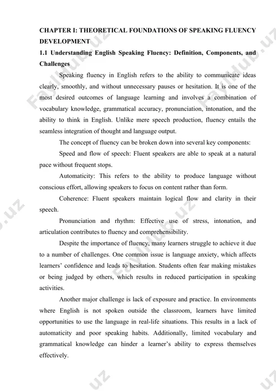 xpressions, gestures, and discourse strategies. for instance, knowing when and how to interrupt politely or how to express disagreement can greatly influence the perception of fluency.[footnoteref:2] [2: swan, m. practical english usage. oxford university press, 2005. ] in summary, speaking fluency in english is a multi-dimensional skill that involves linguistic, cognitive, and social components. it is not acquired overnight and requires consistent practice, feedback, and motivation. understanding the components and challenges of fluency is the first step toward developing effective strategies to enhance it, which will be discussed in the following sections. 1.2 factors influencing english speaking fluency in english language education, the development of speaking skills has long been acknowledged as a cornerstone of communicative competence. speaking not only serves as a means of interaction but also as an essential component in language acquisition, reflecting learners' ability to use the language meaningfully and appropriately in various contexts. this skill, …