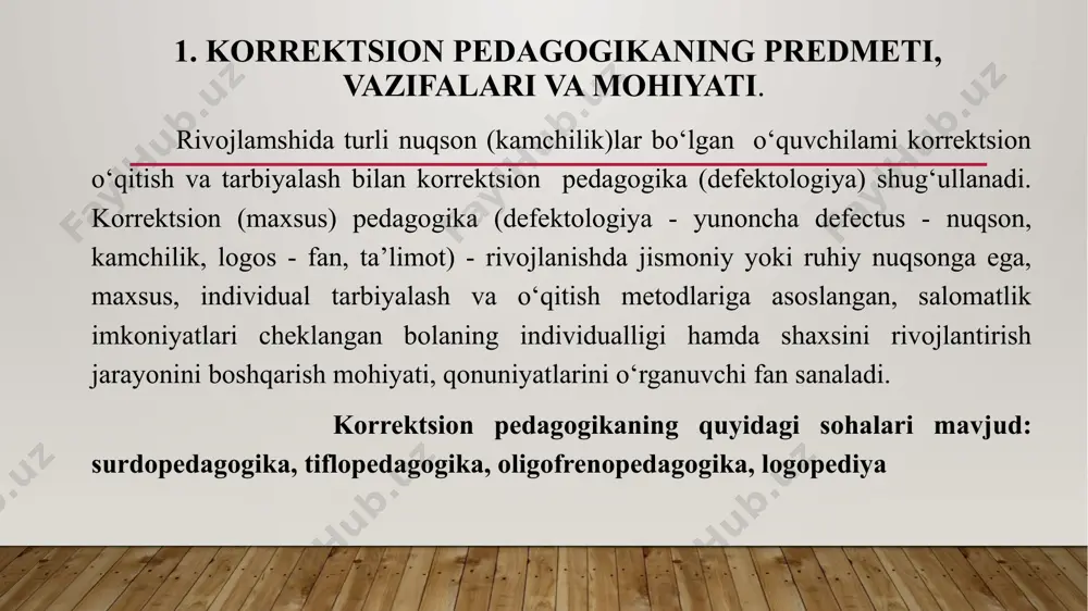 mal bolalami tarbiyalash oila va ta’lim muassasasi o‘rtasidagi yaqin aloqa, bir-birlarini qo‘llab-quwatlash, bir-biriga yordam ko‘rsatish, talabchanlik hamda oqilona mehribonlik asosida amalga oshiriladi. korrektsiya (yunoncha tuzatish) bolaning ruhiy yoki jismoniy rivojlanishidagi nuqsonlami tuzatish, yo‘qotish va pasaytirishni nazarda tutadi. 3.korrektsion-tarbiyaviy ishlar kategoriya sifatida shaxsning anomal rivojlanishi xususiyatlariga ko‘ra umumiy pedagogik ta’sir ko‘rsatish chora-tadbirlari tizimi dan iborat. korrektsion-tarbiyaviy masalalarda sinf va sinfdan tashqari ishlaming barcha tur va shakllaridan foydalaniladi. 4.kompensatsiya (yunoncha «compensatio» - о‘mini to‘ldirish, tenglashtirish) organizmning buzilgan yoki rivojlanmagan funksiyalarining о‘rnini to‘ldirish yoki qayta qurishdir. kompensatsiya jarayoni oliy nerv faoliyatining zahira imkoniyatlariga tayanadi. 5.ijtimoiy reabilitatsiya (yunoncha «rehabilitas» - layoqati, qobiliyatini tiklash) tibbiy-pedagogik mazmunda anomal bolaning psixofiziologik imkoniyatlari darajasida ijtimoiy muhitda ishtirok etishi uchun sharoit yaratish, uni ijtimoiy hayot va mehnatga jalb etishni anglatadi. bu korrektsion pedagogika nazariyasi va amaliyotida asosiy vazifa hisoblanadi. 6.ijtimoiy adaptatsiya (yunoncha «adapto» - moslashish) - anomal bolalaming individual va guruhli xulqlarini jamoatchilik qoidalari va qadriyatlari tizimiga mos kelishini …
