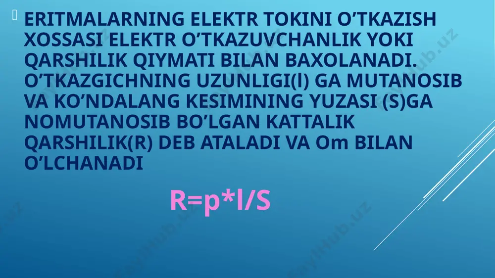 elektr energiyasi (biotok) hosil bo’ladi. o’z navbatida bu energiya turi boshqa kimyoviy jarayonlarni amalga oshirishni taminlab turadi. galvanik elementlar nazaryasi metall o’z tuzi eritmasiga tushirilganda, vujudga keladigan potensial elektrod potensiali (e) deyiladi. agar eritmadagi metall ionlarining faolligi 1 mol/l ga teng bo’lsa bu holda potensial normal elektrod potensiali (e0) deyiladi metallning elektrod potensiali e metallning xossalariga, eritmadgimetall ionining konsentratsiyasiga va temperaturaga bog’liq. bu yerda: r-gaz doimiysi(8,31l*kpa/mol*k); t-absolut temperatura ; a-metal io’nlarining faolligi; f-faradey soni(96500ku); n-metallning bir atomi beradigan elektronlar soni; e0-normal elektrod potensiali. bu bog’liqlik nernst tenglamasi bilan ifodalanadi e=e0+rt/nf *ln a agar konsentratsiya 1g*ion/i ga teng bo’lsa e=e0. yani metall ionlarining konsentratsiyasi 1g*ion/l ga teng bo’lgan metall tuzi eritmasiga shu metallning o’zi tushurilsa, metallning elektrod potensiali e0 ga teng bo’ladi. galvanik elementlar tuzilishi. yakobi daniel elementi elektrokimyoviy zanjirlar tshqi va ichki zanjir galvanik elementlaridan tashkil topgan bo’ladi. galvanik element deb kimyoviy energiyani elektr energiyaga aylantiradigan va 2ta o’z tuzi …