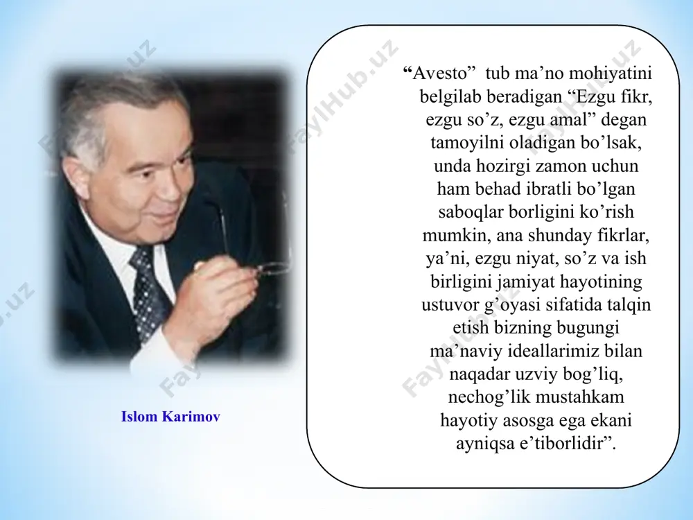 o’lganlar balog’at yoshida hisoblangan. bu o’smirlar zardushtiylikka e’tiqod ramzi sifatida beliga yung ipakdan to’qilgan kamar bog’lab yurishi va "otashparastlar ibodat xonasida o’tkaziladigan diniy marosimlarda qatnashishi shart bo’lgan". diniy tarbiya bolaning 7 yoshidan otashparastlik ibodat xonasida boshlangan: diniy va axloqiy tarbiya. jismoniy tarbiya. o’qish va yozishga o’rgatishdan iborat bo’lgan. “avesto”da oila va nikoh masalasi qiz bolalarning ip yigirish, liboslar tikish, o’g’il bolalar bilan kurash tushish, chavandozlik, qilichbozlik, suvda suzish, kamondan o’q uzish kabi jismoniy-harbiy malakani egallashi majburiy bo’lgan. ana shundan so’ng qizlar 15, o’g’il bolalar 16 yoshida oqsoqol boshchiligida jamoa oldida maxsus imtihondan o’tkazilgan. “avesto”da qiz bolalar tarbiyasi "avesto"da o’smirlar 15-16 yoshlarida balog’atga yetgan va turmush qurish huquqiga ega deb ko’rsatilgan. agar erkak zurriyod qoldirish qobiliyatiga ega bo’lsa-yu, ammo uylanmasa unga tamg’a bosishar yoki beliga zanjir bog’lab yurishga majbur qilishgan. yer yuzida zurriyotni ko’payishiga qarshi chiqib, turmush qurmay yurgan qizni qopga solishib, 25 darra kaltaklashgan. o’g’il tomonidan otaga qo’l ko’tarish, oila …