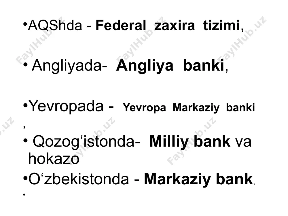 reditlar berish jarayonining mayjud emasligi. 2. markaziy bank kreditlari hukumatga bozor stavkalarida beriladi. 3. markaziy bank kreditlari hukumatga malum muddatga beriladi. 4. kreditlar hukumatga cheklangan miqdorda beriladi. 5. markaziy bank davlat qimmatli qog'ozlarining birlamchi ishtirokchisi hisoblanmaydi. 6. markaziy bank davlat qimmatli qog'ozlarining birlamchi ishtirokchisi hisoblanmaydi. 7. markaziy bank o'zining foiz stavkalari mustaqil, hukumat bilan kelishmasdan, o'matadi. 8 . markaziy bank bank sektorini nazorat qilish yuzasidan javobgardir. (bu holatda gmt indeksi asosida mb ga 2 ball o'zlashtiriladi yoki boshqa davlat organi bilan birgalikda amalga oshirilsa 1 ball qo'yiladi). har bir mezon 2 ta olchamga ega, ya’ni markaziy bankning iqtisodiy мustaqilligi bu markaziy bankning o‘z ixtiyoridagi мablag‘lar va instruмentlardan foydalanishda hukuмatdan va davlat boshqaruv organlaridan мustaqilligidir gmt indeksi bo'yicha markaziy bankning siyosiy mustaqilligi 8 ta mezon bo'yicha baholanadi 1. markaziy bank rahbari hukumatning aralashuvisiz tayinlanadi. 2. markaziy bank rahbari 5 yildan ortiq muddatga tayinlanadi. 3. markaziy bank boshqaruvchilar kengashi a’zolari hukumatning ishtirokisiz …