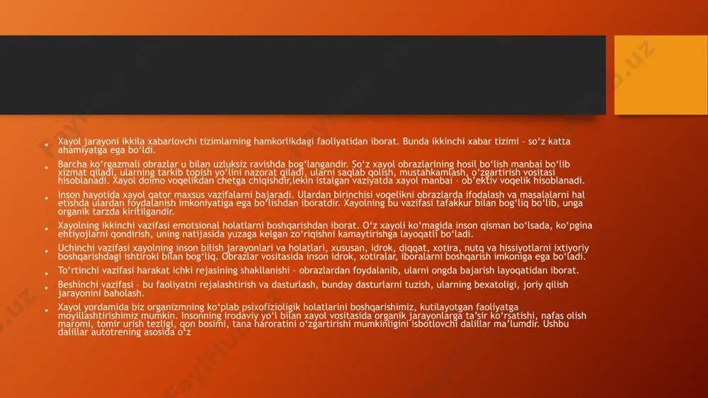 klda: orzular – istalgan kelajak obrazlari; shirin xayol – dolzarb kechinmali irreallik obrazlari; fantaziyalar – yaqin kelajak obrazlari. ular zo‘riqishni kamaytirish, maqsadga yo‘nalganlik, oldindan sezish, inson zahiralarini safarbar qilish vazifalarini bajarishi mumkin. shirin xayolda insonning qiziqishlari, moyilliklari, ehtiyojlari yaqqol ko‘zga tashlanadi shirin xayolga orzular – inson amalga oshirmoqchi bo‘lgan, lekin ayni damda amalga oshirolmaydigan, uning eng ezgu xohishlarini qondiradigan istalgan kelajak obrazini oldindan yaratish yaqin turadi. orzular shirin xayoldan o‘zlarining amaliy tadbiqi imkoniyatini taqazo etishi bilan farq qiladi. inson o‘z orzularida yaratgan obrazlar, yorqin, jonli, aniq xususiyati bilan, shu bilan birga – sub’ekt uchun hissiyotga boyligi, jozibadorligi bilan ajralib turadi. lekin orzu, xayol istalgan kelajakni hozirgi zamon bilan muntazam ravishda bog‘lab turganidagina foydali bo‘lishi mumkin. agar bunday bo‘lmasa, orzu harakat rag‘batida xayolparastlikka, fantaziyaga aylanib qolishi mumkin. e`tiboringiz uchun raxmat image2.png image3.png image5.png image6.png image7.png image8.png image9.png image1.png image4.jpeg /docprops/thumbnail.jpeg