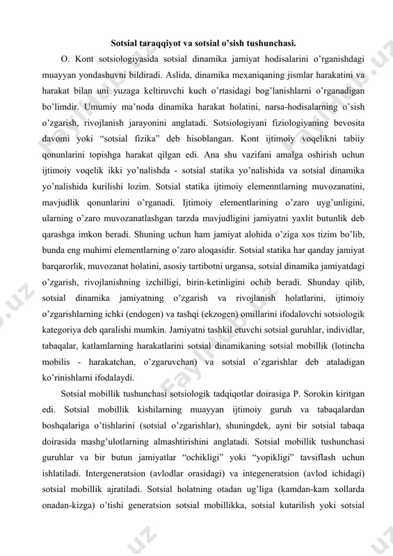 ogik tadqiqotlar doirasiga p. sorokin kiritgan edi. sotsial mobillik kishilarning muayyan ijtimoiy guruh va tabaqalardan boshqalariga o’tishlarini (sotsial o’zgarishlar), shuningdek, ayni bir sotsial tabaqa doirasida mashg’ulotlarning almashtirishini anglatadi. sotsial mobillik tushunchasi guruhlar va bir butun jamiyatlar “ochikligi” yoki “yopikligi” tavsiflash uchun ishlatiladi. intergeneratsion (avlodlar orasidagi) va integeneratsion (avlod ichidagi) sotsial mobillik ajratiladi. sotsial holatning otadan ug’liga (kamdan-kam xollarda onadan-kizga) o’tishi generatsion sotsial mobillikka, sotsial kutarilish yoki sotsial pasayish bilan bog’liq individual belgilar esa intrageneratsion sotsial mobillikka misol bo’ladi. o’zgarishlar yo’nalishiga qarab vertikal (kutarilish va pasayish) va gorizontal sotsial mobillik farqlanadi. sotsial mobillikning emperik ko’rsatkichi bo’lib o’zgaruvchanlik-mobillik barqarorlik-stabillik indeksi xizmat qiladi. bu indeks tekshirilayotgan guruhdagi mobil va stabil shaxslar nisbatidan olinadi. bundan, tashqari mobil (o’zgaruvchan) shaxslarning jinsi, ma’lumot darajasi, “aqli rasolik koeffitsenti”, millati, irki, turar joyi, sog-salomatligiga qarab ham sotsial mobil shaxslarning miqdoriy ko’rsatkichlari o’rtasidagi korellyatsiya (mos keluvchi) koeffitsiyentlar hisoblanishi mumkin. sotsial mobillik ulchashda turli xilimkoniyatlarning mavjudligi miqdoriy analiz qo’llanishidan kelib …