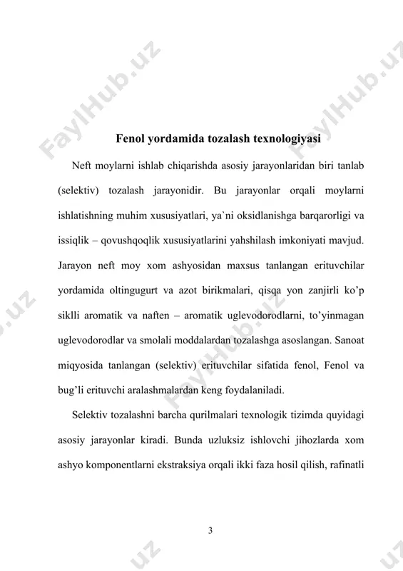 stillyat va qoldiq moylarni umumiy texnologik sxemasi shu bilan farq qiladi. moy (fraksiyalari tozalanganidan so`ng moylarning rangi o`zgaradi, ular ancha rangsizlanadi. smola va polisiklik aromatik uglevodorodlardan tozalash natijasida moylarni kokslanishi va yopishqoqlik indeksi ortadi. smola va to`yinmagan uglevodorodlardan tozalash moyni termik barqarorligini (stabilligini) oshiradi. kislota xususiyatiga ega bo`lgan uglevodorodlardan tozalash esa korroziya aktivligini pasaytiradi va qattiq uglevodorodlardan tozalash qotish haroratinini pasaytiradi. moylarni tovar qolatiga keltirib tayyorlash kompaundlash qurilmasida olib boriladi. yengil, o`rta va og’ir distillyat qamda qoldiq komponent bo`lsa moylarni xoxlagan navini (sortini) tayyorlash mumkin. moylarni tozalash jarayonida tanlovchi (selektiv) erituvchilardan foydalaniladi. tanlovchi yoki selektiv erituvchilar suyuq modda bo`lib ma`lum haroratda aralashmadan faqat ma`lum komponentlarni (boshqalarini eritmasdan va ularda o`zi erimasdan) ajratib beradi. ba`zan erituvchilar uglevodorodlarni yaxshi eritadilar va keraksiz komponent cho`kmaga tushadi, yengili ajratib olinadi. deasfal'tizatsiya va deparafinizatsiya ana shunga asoslangan. erituvchilarga (fenol, fenol, n-metilpirrolidon dixlor etan, suyultirilgan propan, karbamidlar) suv, benzol va toluol qo`shib, ularning selektivligini va erituvchanlik …