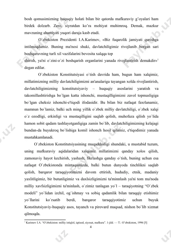 stitutsiya biz uchun shunday aziz narsaki, uni or-nomusini asraganday asramoq lozim. chunki aynan konstitutsiyada o’zbekistoning davlat suvereniteti (i bob), xalq hokimiyatchiligi (ii bob), qonun ustuvorligi (iii bob) aks etadi. xalqni hokimiyat manbayi sifatida e’tirof etadi. ijtimoiy hayotda siyosiy instutlar, mafkuralar va fikrlar xilma – xilligini kafolatlaydi. «hech qaysi mafkura davlat mafkurasi sifatida o’rnatilishi mumkin emas” 22 – deb belgilab qo’yilgan. inson huquqlari va erkinliklari oliy qadriyat hisoblanadi. shu bilan konstitutsiyada inson eng mo’tabar mavqega ko’tariladi. agarda konstitutsiyaga e’tibor bilan qaralsa birinchi bo’limdan so’ng inson huquqlari va erkinliklari hisoblanadi. konstitutsiyaning 2 – bo’limi inson huquqlarining to’liq va ixcham tizimidir. undan keyingi 3 – bo’lim jahondagi birorta konstitutsiyada yo’q. mazkur bo’limning asosiy maqsadi: fuqarolik jamiati an’analarini shakllantirish, jamoat birlashmalari va ijtimoiy munosabatlarning sog’lom ravnaqini ta’minlashdir. bundan keyingi bo’limlarda davlat tuzilishi va davlat o’rganlariga oid qoidalar bayon etiladi. xullas konstitutsiyamiz “inson – jamiyat – davlat” yo’nalishida tuzilgan bo’lib, unda inson manfaati birinchi o’ringa …