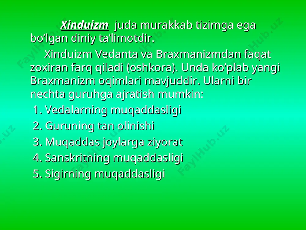 passivlik, xar kim o’z irodasini va faoliyatini cheklashga harakat qilishi zarur, deb ta’lim beradi. daosizm xukmronlik va zulmga qarshi chiqib, ibtidoiy jamoa xayotiga qaytishni dav’at etadi. yunon va rim mifalogiyasi qadimgi yunon afsonalariga qaraganda, eng asosiy xudolar fessaliya yaqinidagi baland olimp tog’larida bir oila bo’lib, xar biri mis va tillodan yasalgan qasrlarda yashaganlar. bu xudolar oilasining eng kattasi barcha xudolarning otasi zevs bo’lib, xamma xudolar unga bo’ysungan. undan keyingi o’rinlarni uning ukalari dengiz xokimi poseydon va yer osti podsholigining xokimi aid egallagan. qadimgi rimda xam dexqonchilik va chorvachilik asosiy xo’jalik faoliyati bo’lganligi tufayli diniy tasavvurlar tabiat kuchlari, qishloq hayoti va dexqonchilik mexnati bilan bog’liq bo’lgan. rimda davlat xudolarining soni 30 ta bo’lgan. ularning ustida rim davlatining qudratini ifodalovchi eng oliy mabud, ya’ni “xudolarning otasi” yupeter turgan. ammo mayda xudolar juda ko’p bo’lgan. shuning uchun ham 1-asrda yashagan rim satirigi petroniy , bizning italiyada odamlarga qaraganda xudolarni ko’proq uchratish mumkin deb, …