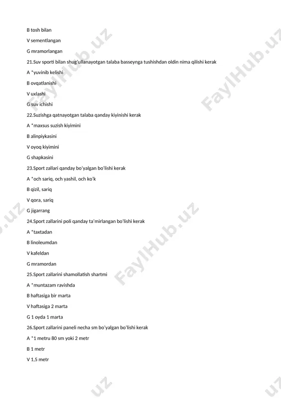 irish mumkin? a *suvni tinitish va kogulyasiya qilish b suvni turli ximiyaviy moddalar bilan zararsizlantirish mumkin. v suvni tarkibini aniqlash va qarshi chora tadbirlarini ko’rish. g suvni uzoq muddat tinitish 35.shaxsiy gigiyenaga amal qilish organizm uchun qanday ahamiyati bor. a *shaxsiy gigiyenaga amal qilish tanani soјlom qilish va turli kasalliklardan saqlash. b organizm jismoniy baquvvat qiladi v organizmlarni yod moddalardan saqlaydi g organizm baquvvat bo’ladi va rivojlanadi 36.chiniqishning necha xil turi mavjud a *3 hil b 2 hil v 1 hil g 4 hil 37.sport zallarini patalogi qanday bo’yalgan bo’lishi kerak a *oq rangda b ko’k rangda v jigarrang g yashil 38.sport zallarini haftasiga necha marta tozalash zarur a *har kuni b haftada 1 marta v haftada 2 marta g 3 kunda 1 marta 39.yoshlarni qay usulda chiniqtirish lozim a *suv va quyosh nurida, sovuqda b vannada v ovqatlanganda g uxlaganda 40.jismoniy tarbiya bilan shug’ullanuvchi talabaning maxsus kiyimiga nimalar kiradi …