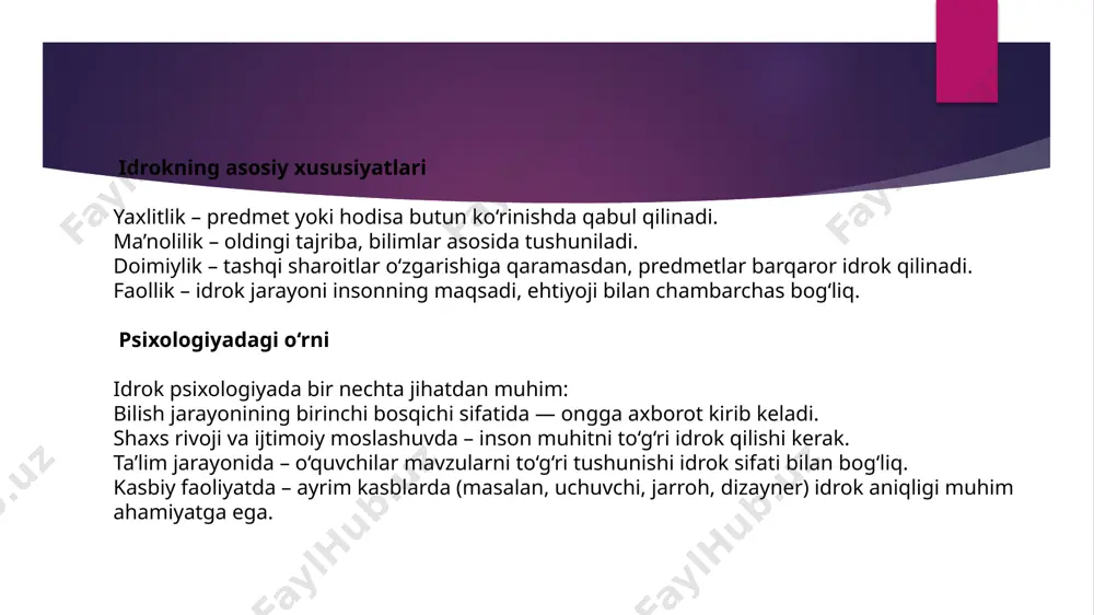 orqaligina ularning birligini aniqlash mumkinshunday qilib, geshtaltlar konseptual bog‘lanishlar bo‘lib, ular inson psixikasining botiniga tegishli bo‘lgan va tabiiy tilning kategoriyalari doirasidant ashqarida yotgan universal tasavvurlar mohiyatidir. geshtaltpsixologiya (nem. gestalt — shakl, obraz, qiyofa, tashqi ko rinishʻ va psixologiya) — psixologiyadagi oqimlardan biri. 20-asrning 20— 30-y.larida germaniyada yuzaga kelgan. g. fon erenfelsning yaxlitlik idrokning asosiy sifati deb hisoblaydigan ta limotiga asoslanadi. assotsiativ psixologiyaga ʼ (qarang assotsiatsiya ) zid ravishda g. psixikaning birlamchi va asosiy elementi sifatida sezgilarni emas, balki yaxlit obrazlar — geshtaltlarni tan oladi. g. tarafdorlari (m. vertxeymer, v. kyoler, k. koffka, k. levin va b.) gestalt nazariyasining asosiy tamoyillari (qonunlari) psixologiyada idrokni tushunishda muhim rol o‘ynaydi. ushbu nazariya xx asr boshlarida germaniyada rivojlangan va asoschilari m. vertgeymer, k. koffka va v. köhler hisoblanadi. quyida gestalt nazariyasining asosiy tamoyillari keltirilgan: 1. butunlik (tog‘ri idrok) – insonlar obyektlarni alohida qismlar sifatida emas, balki yagona, yaxlit butun holatda idrok qiladi. 2. yaqinlik …