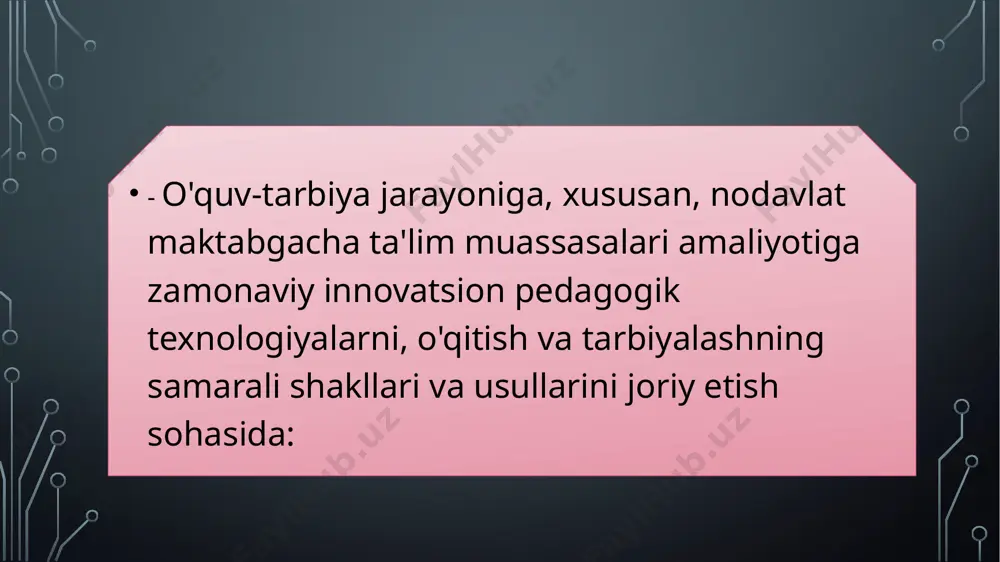 filaktika va sog’lomlashtirish, tadbir va proseduralarini amalga oshiruvchi zaiflashgan bolalarni nazorat qilish va sog’lomlashtirish bog’chasi. birlashtirilgan turdagi bolalar bog’chasi (birlashtirilgan turdagi bolalar bog’chasiga rivojlantiruvchi, tiklovchi va sog’lomlashtiruvchi guruhlar umumlashtirilgan ko’rinishda kiradi). bolalarni maktabda o’qishga maqsadli va tizimli tayyorlash; bolalarning shaxsiy qobiliyatlari va iste`dodlarini rivojlantirish; bolalarni milliy, umuminsoniy va madaniy qadriyatlar bilan tanishtirish, bolani intellektual rivojlantirish; bolalarda yuqori ma`naviy va odob axloq asoslarini shakllantirish; bolalarning jismoniy va ruhiy sog’ligini mustahkamlash. maktabgacha ta`lim muassasasini tashkil etish tartibi, faoliyatini tashkil etish va butlash, hamda maktabgacha ta`lim muassasasining mol-mulki va pul mablag’lari, javobgarligi, boshqaruvi va ta`lim jarayoni qatnashchilari to’g’risidagi kerakli ma`lumotlarni “o’zbekiston respublikasida davlat maktabgacha ta`lim muassasasi to’g’risida nizom” dan olishinigiz mumkin. e’tiboringiz uchun raxmat 16 image2.png image3.jpeg image4.jpeg image5.png image6.png image8.png image9.png image10.png image11.jpeg