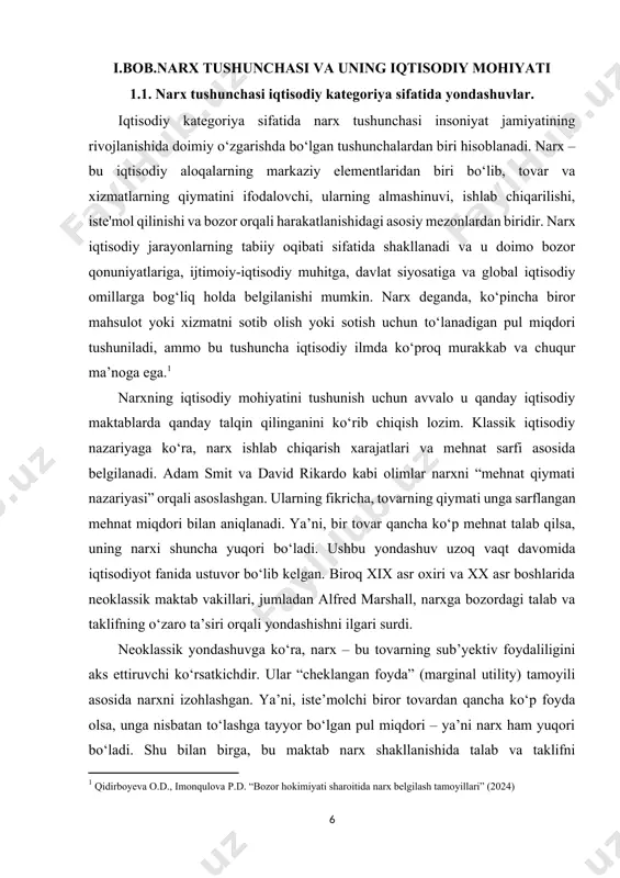 marksistik iqtisodiy nazariyada esa narxning mohiyati sotsial-iqtisodiy munosabatlar bilan bog‘liq holda tushuntiriladi. karl marks narxni “tovarning puldagi ifodasi” deb ataydi. uning nazariyasida narx mehnat qiymati asosida shakllanadi, ammo u real bozor sharoitida “qiymatdan chetlanish” orqali ko‘rinish oladi. ya’ni, tovarlar haqiqiy qiymatidan yuqori yoki past narxlarda sotilishi mumkin. marksistik yondashuv narxni kapitalistik jamiyatdagi sinfiy manfaatlarning aks ettiruvchisi deb ham ko‘radi, ya’ni narx orqali ishlab chiqaruvchilar va iste’molchilar o‘rtasidagi iqtisodiy munosabatlar ifodalanadi. zamonaviy iqtisodiyotda narxga nisbatan yondashuvlar yanada murakkablashgan. bugungi kunda narxni shakllantiruvchi omillar qatoriga faqat talab va taklif emas, balki raqobat darajasi, ishlab chiqarish texnologiyalari, davlat aralashuvi, soliq siyosati, import-eksport cheklovlari, valyuta kurslari, global iqtisodiy omillar, brend qadriyati, marketing strategiyalari va iste’molchilarning psixologiyasi ham kiradi. shu sababli, zamonaviy narxlar nazariyasi ko‘p omilli va tizimli tahlilga asoslanadi. narxning turlari ham iqtisodiy faoliyatda turlicha ko‘rinishda namoyon bo‘ladi. masalan, ishlab chiqarish narxi, sotuv narxi, iste’mol narxi, eksport-import narxi, ulgurji va chakana narxlar – bularning …