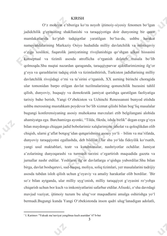a amaliy harakatlar olib bordilar. [footnoteref:1]bir so‘z bilan aytganda, ular milliy uyg‘onish, milliy taraqqiyot g‘oyasini ro‘yobga chiqarish uchun bor kuch va imkoniyatlarini safarbar etdilar.afsuski, o‘sha davrdagi mavjud vaziyat, ijtimoiy tuzum bu ulug‘vor maqsadlarni amalga oshirishga yo‘l bermadi.bugungi kunda yangi o‘zbekistonda inson qadri ulug‘lanadigan adolatli, erkin va obod jamiyat, xalqparvar davlat, farovon hayot barpo etishga qaratilgan islohotlarimiz jadid bobolarimizning ezgu g‘oya va dasturlariga har jihatdan uyg‘un va hamohangdir.shu bois, xalqimiz ozodligi va atanimiz ravnaqi yo‘lida aziz jonlarini fido qilgan ajdodlarimiz xotirasini abadiylashtirish, ularning faoliyati va merosini yangicha tafakkur asosida o‘rganish hamda targ‘ib etishga alohida e’tibor berilmoqda.yurtimizda ushbu yo‘nalishda muhim farmon va qarorlar qabul qilinib, har yili 31-avgust – qatag‘on qurbonlarini yod etish kuni sifatida keng nishonlanmoqda.“shahidlar xotirasi” yodgorlik majmuasi va jamoat fondi, qatag‘on qurbonlari xotirasi davlat muzeyi, uning qoraqalpog‘iston respublikasi va barcha viloyatlarda hududiy bo‘limlari faoliyat olib bormoqda.ana shu ishlarimizning mantiqiy davomi sifatida buxoro shahridagi tarixiy maskanda jadidchilik tarixi muzeyi tashkil …