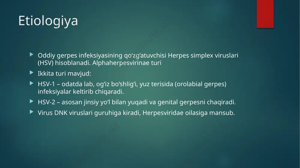 . , , diagnostika 1. klinik tashxis – pufakchali toshmalar, qaytalovchi xarakteri. 2. laboratoriya: virusologik usul: ifa pcr – hsv dnksini aniqlash (eng ishonchli usul). serologiya: igm va igg antitanachalarni aniqlash (igm – yangi infeksiya, igg – o‘tkazilgan infeksiya). sitologik usul: tzank testi – ko‘p yadroli gigant hujayral davolash atsiklovir gerpesga qarshi kimyo preparatlari va immmunologik moddalarni sinergik qollash etiologiya keltirib chiqaruvchisi:antroponoz sitomegalovirus (cmv) – herpesviridae oilasiga mansub β-guruh herpesvirusi. dnk tutuvchi virus, kapsidli, tashqi lipoproteid qobig‘iga ega. inson faqat bitta turdagi cmv bilan kasallanadi, ammo virus organizmda doimiy yashirin holatda saqlanib qoladi. virus asosan tishlangan hujayralarda (sitomegaliya – yirik hujayralar) “bayroq ko‘zi” (owl’s eye) ko‘rinishida intranuklear inkluziyalar hosil qiladi. epidemiologiya infeksiya manbai: faqat odam (kasallikning yashirin yoki klinik ko‘rinishdagi shakliga ega bo‘lgan bemor). virus yuqishi kontakt yo‘li – so‘lak, siydik, sperma, bachadon bo‘yni sirti orqali. parenteral yo‘l – qon va uning komponentlari bilan. jinsiy aloqa orqali. vertikal yo‘l – …