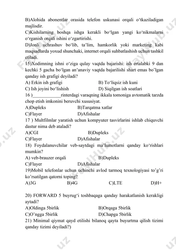 orqaga 5birlik c)o’ngga 5birlik d)chapga 5birlik 21) minimal qiymat qayd etilishi bilanoq qayta buyurtma qilish tizimi qanday tizimi deyiladi?) a)real vaqt b)paketli jarayon c)zaxiralar boshqaruvi d)eftpos 22) mahsulotlarning sotib olinishi, sotilishi yoki foydalanilishi davomida zaxiralarini kuzatib borish uchun kompaniyaga qanday tizimi kerak bo’ladi? a)zaxiralar boshqaruvi b)eftpos c)real vaqt d)paketli jarayon 23) maʼlumotlarning tekshirilishini taʼminlash uchun belgilangan maxsus amallar nima deb ataladi? a)validatsiya b)maʼlumot toʻplash shakllar c)prototip d) loyihalash 24)_______________ qiymatlar notoʻgʻri va rad etilishi kerakligi sababli sinalayotgan tizim odatda qabul qilmaydigan maʼlumot a)gʻayrioddiy maʼlumot b) ekstremal maʼlumot c)sinov strategiyas d)to’g’ri javob berilmagan 25) xatarlarni nechi turga boʻlish mumkin? a)2 b)3 c)4 d)5 1 2 3 4 5 6 7 8 9 10 11 12 13 14 15 16 17 18 19 20