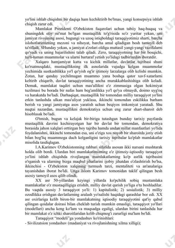 i hisobga olgan holda, yaqin o'tmishimizdagi «inqlobiy sakrash»larsiz, ya'ni evolutsion yo'l bilan puxta o'ylab, bosqichma-bosqich amalga oshirilishi kerak. o'zbekiston hukumatining bozor munosabatlariga bosqichma-boyeqich o'tish haqidagi tamoyili vaqt o'tgani sayin o'zining hayotiy qiymatini, siyosiy kuchini ko'rsatdi. binobarin, bular yetakchi tamoyillar sifatida tan olindi. chunki ular iqtisodiy islohotlarning butun ichki mantiqini, rivojlanish yo'lini va xarakterini belgilab berdi. o'zbekiston respublikasi mustaqillikka erishgandan so'ng kelajakda qanday yo'ldan borishi masalasi kun tartibiga qo'yilgan eng dolzarb masalalardan biri bo'ldi. uning dolzarb bo'lib qolishining bir qator obyektiv va sub'ektiv sabablari va omillari ham mavjud edi. uning ob'yektiv sabablaridan biri jahonda ijtimoiy-iqtisodiy rivojlanishning barcha davlatlarga mos keladigan biron bir tayyor andozasining yo'qligi va bo'lishi ham mumkin emasligi edi. ikkinchi ob'yektiv sababi – ma'muriy buyruqbozlikka asoslangan tuzumga xos ijtimoiy munosabatlar va qoidalar endilikda respublikada barpo etilayotgan yangi ijtimoiy yo'naltirilgan bozor iqtisodiyotiga asoslangan huquqiy demokratik davlat manfaatlariga mos kelmasligi edi. mulkchilik, mulkka egalik va uni boshqarish, ishlab chiqarishdagi inson omilining …