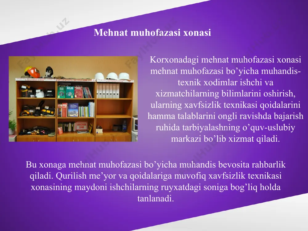 ini taminlashiga qo’yiladigan asosiy talablar. 8.sexda xavfsiz harakatlanish sxemasi. 9.yuk ortish-tushurish va tashish ishlarida xavfsizlik talablari. mutaxassis va rahbar xodimlarni o’qitish va bilimlarini tekshirish. mutaxassis va rahbar xodimlarning mehnat muhofazasi bo’yicha bilimlarini oshirish uchun korxona, boshqaruv bo’limlarida davlat nazorat tashkilotlari ilmiy tadqiqot institutlari va tarmoq mutaxassislarini jalb qilgan holda kurslar, semenarlar, ma’ruzalar hamda maslahatlar tashkil qilinadi. mehnat muhofazasi bo’yicha bilimlarni tekshirishning quyidagi turlari belgilangan: dastlabki, davriy, navbatdan tashqari. lavozimlarga ishga tushgan kundan boshlab bir oy o’tkazmay tegishli imtihon komissiyasi bilimlarini tekshiruvdan o’tkazishikerak. davriy bilimlarni tekshirish kamida uch yilda bir marta o’tkaziladi. bilimlarni tekshirish natijalari bayonnoma tarzida rasmiylashtiriladi va imtihon komissiyasi raisi hamda a’zolari tomonidan imzo chekiladi. bu bayonnoma olti yildan kam bo’lmagan muddatda korxonaning mehnat muhofazasi yoki kadrlar bo’limida saqlanadi. foydalanilgan adabiyotlar: v.s.alekseev, e.o.murodova, i.s.davыdova. bezopasnost jiznedeyatelnosti «prospekt» moskva-2006 g. 2. o.qudratov, t.g’aniev. hayotiy faoliyat xavfsizligi. toshkent. «mehnat»-2004. 3. h.e.g’oipov. mehnat muhofazasi. toshkent. «mehnat»-2000. 4. o’.r.boynazarov. hayot faoliyat xavfsizligi. ma’ruza …