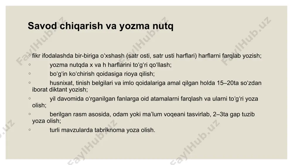 ushuntirish orqali, qo‘lni qayerga qo‘yish, qayerda bu harakatni burish yoki uzish kerakligi, harflarning yozuv chizig‘i bo‘ylab joylashishi haqida nazariy va amaliy tushuncha va malakalarni rivojlantirish; bir va undan ortiq bo‘g‘inlardan tashkil topgan talaffuzi va yozilishi bir xil so‘zlarni, 2-3 so‘zdan tuzilgan gaplarni eshitib yozish; so‘z va gapni to‘g‘ri yozish; eshituv va ko‘ruv xotirasiga asoslangan kichik diktantlar ona tili (64 soat) i boʻlim. men, sen, u va ular (12 soat) mening oilam berilgan matn tarkibidan qarindoshlikni bildiruvchi so‘zlar va kishilarning ismlarini bildiruvchi so‘zlarni ajrata olish va ularning imlosini bilish. matn uchun tayyorlangan savol va topshiriqlar ustida ishlash. berilgan savolni tushunish va tartibli javob bera olish mashqlari. kishilarning ism va familiyasi bosh harflar bilan yozilishi, ayrim tovushlarning talaffuzi bilan bog‘liq mashq va topshiriqlar ustida ishlash. oila mavzusida nutq (matn) tuzish, so‘zlarda qo‘llanilayotgan unli va undosh tovushlarni toʻgʻri talaffuz qilish, bir-biriga oʻxshash (satr osti, satr usti harflari) harflarni farqlab yozish mashqlari ustida ishlash. …
