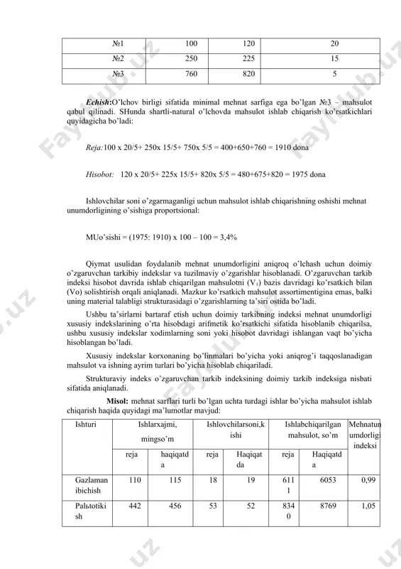 sh mumkin. mehnat unumdorligi shartli- natural usulda o’lchanganda, mahsulotning boshqa qandaydir xususiyatlariga ko’ra emas, balkm normativ mehnat salmog’ini hisobga olgan holda amalga oshirish zarur. natural ko’rsatkichlarni nisbiy normativ mehnat sarfi koeffitsienti orqali shartli-natural ko’rinishga keltirilganda o’lchov birligi sifatida eng kam mehnat sarfiga ega bo’lgan mahsulotni qabul qilish tavsiya qilinadi. misol. jadvalda keltirilgan ma’lumotlar asosida mehnat unumdorligi o’sishini shartli-natural ko’rsatkichlarda aniqlang. (ishlovchilarsonio’zgarmaydi). mahsulot mahsulot soni bitta mahsulotning mehnat sarfi, norma- soat reja haqiqat №1 100 120 20 №2 250 225 15 №3 760 820 5 echish:o’lchov birligi sifatida minimal mehnat sarfiga ega bo’lgan №3 – mahsulot qabul qilinadi. shunda shartli-natural o’lchovda mahsulot ishlab chiqarish ko’rsatkichlari quyidagicha bo’ladi: reja:100 x 20/5+ 250x 15/5+ 750x 5/5 = 400+650+760 = 1910 dona hisobot: 120 x 20/5+ 225x 15/5+ 820x 5/5 = 480+675+820 = 1975 dona ishlovchilar soni o’zgarmaganligi uchun mahsulot ishlab chiqarishning oshishi mehnat unumdorligining o’sishiga proportsional: muo’sishi = (1975: 1910) x 100 – …