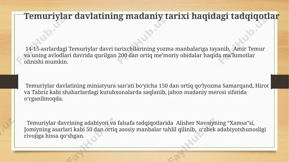 oqea tafsilotlari bayon etilgan. temuriylar davlatining ijtimoiy-iqtisodiy tarixi haqidagi tadqiqotlar markaziy osiyo tarixshunosligida temuriylar davlatining ijtimoiy-iqtisodiy tuzilmasi haqidagi tadqiqotlar soni 300 dan ortiq bo'lib, ularning aksariyati fors va arabcha manbalarga tayanadi. 15-asrda temuriylar imperiyasi hududida yer egaligi munosabatlari va dehqonchilikning holati bo'yicha ko'plab tadqiqotlar olib borilgan bo'lib, ularning 20% dan ortig'i yer soliqlari tizimiga bag'ishlangan. temuriylar davlatining 14-15-asrlarga oid iqtisodiyotini o'rganishda, samarqand va hirot kabi yirik shaharlarning savdo-sotiq hajmi va hunarmandchilik rivojiga oid manbalar muhim ahamiyat kasb etadi. xv asr tarixchilari va ularning asarlari xv асрдаги марказий осиё ва эроннинг бир қатор шаҳарларида, жумладан, самарқанд ва ҳиротда фаолият юритган тарихчиларнинг хроникавий ёзувлари темурийлар даври маданияти ва санъати ҳақида ҳам маълумот беради. шарафиддин али яздийнинг "зафарнома"си каби асарлар темурийларнинг 14-15 асрлардаги ҳарбий юришлари, марказий осиё ва эрон ҳудудларидаги сиёсий ҳолатлар ҳақида батафсил маълумотлар беради. xv асрдаги туркий тилларда ёзилган манбалар, хусусан, низомиддин шомийнинг "зубдат-ут-таворих" каби асарларида темурийлар даврининг сиёсий ва ҳарбий …